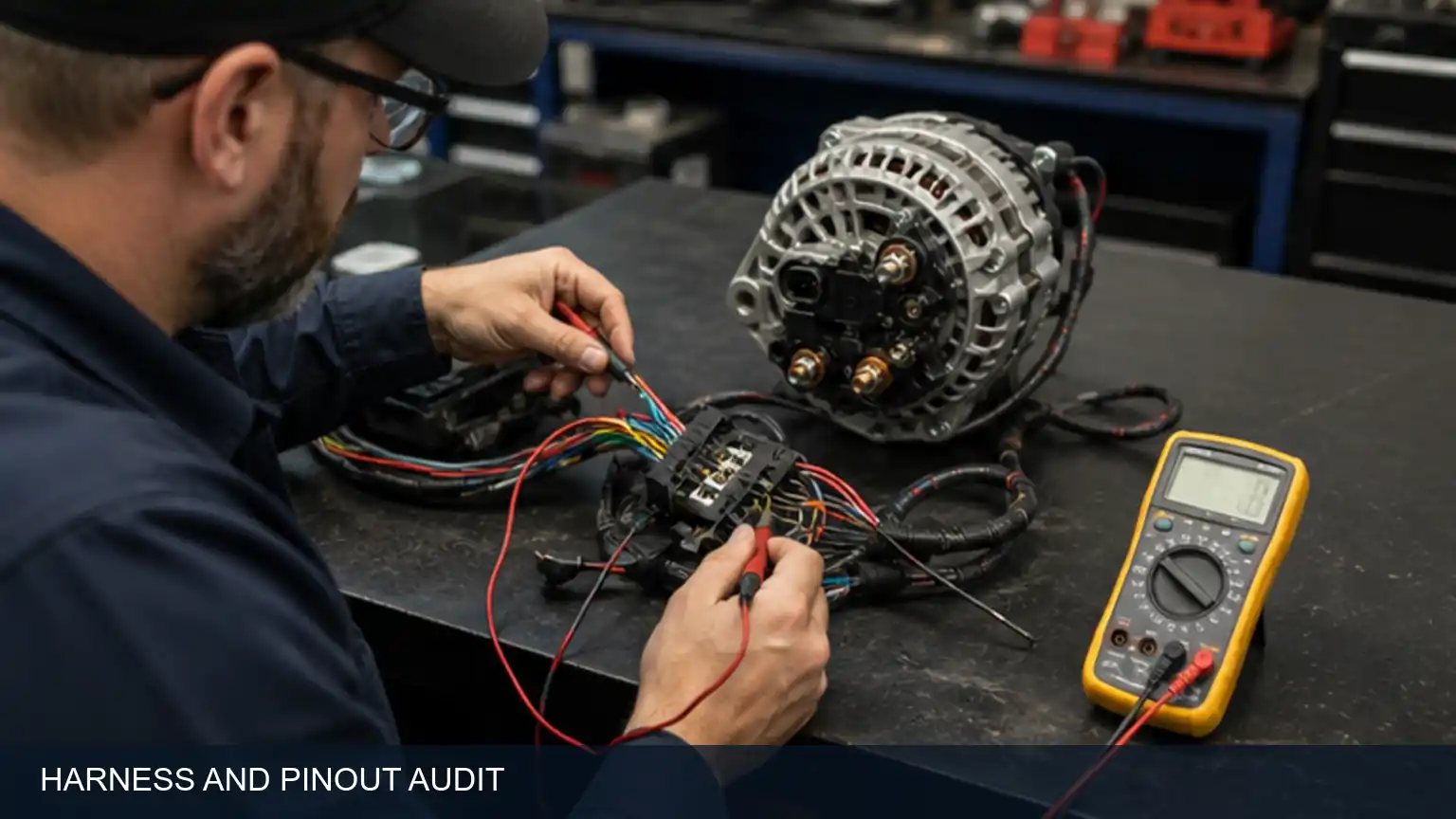 Heavy-duty alternator harness pinout audit identifying ignition, relay and sense functions