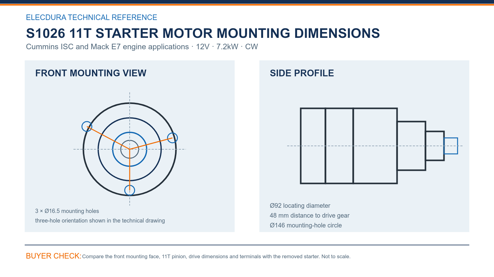 S1026 Cummins ISC Mack E7 12V 7.2kW 11T starter mounting dimensions