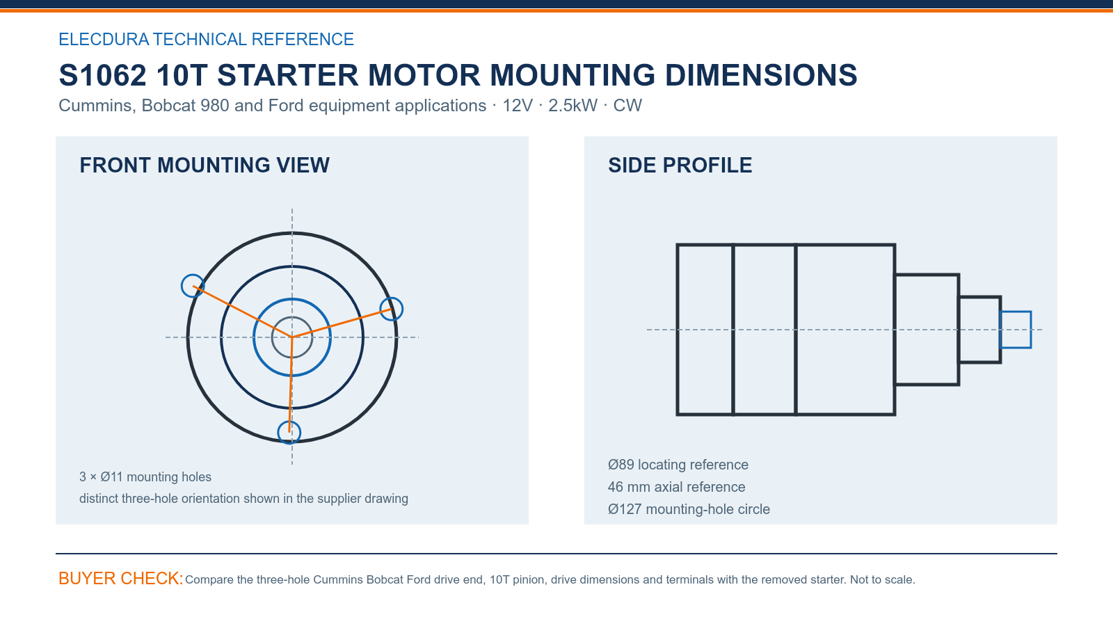 S1062 Cummins Bobcat Ford 12V 2.5kW 10T starter mounting dimensions