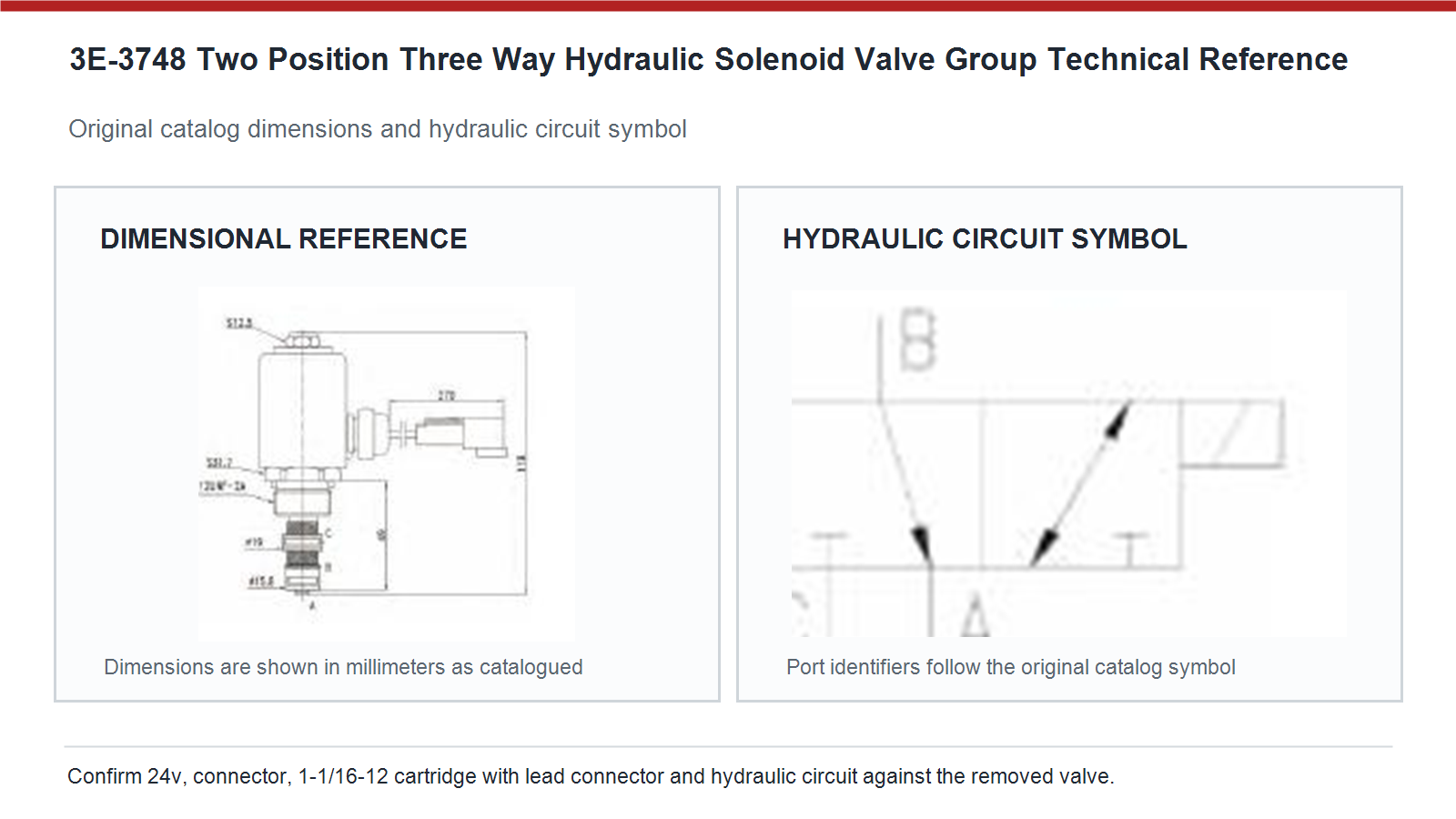 3E-3748 Caterpillar two position three way hydraulic solenoid valve group dimensions and hydraulic circuit diagram