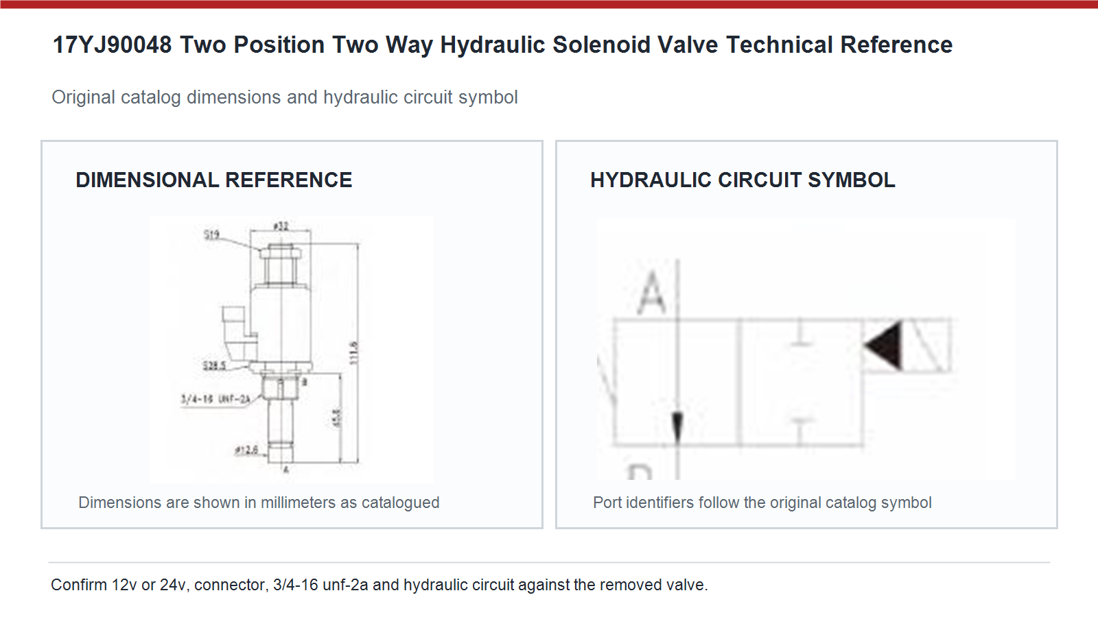 17YJ90048 Caterpillar two position two way hydraulic solenoid valve dimensions and hydraulic circuit diagram