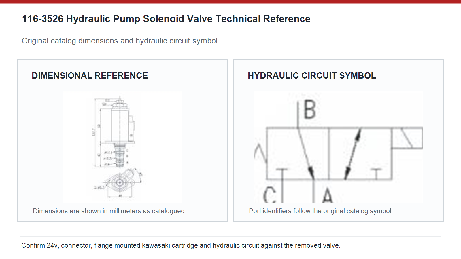 116-3526 Caterpillar hydraulic pump solenoid valve dimensions and hydraulic circuit diagram