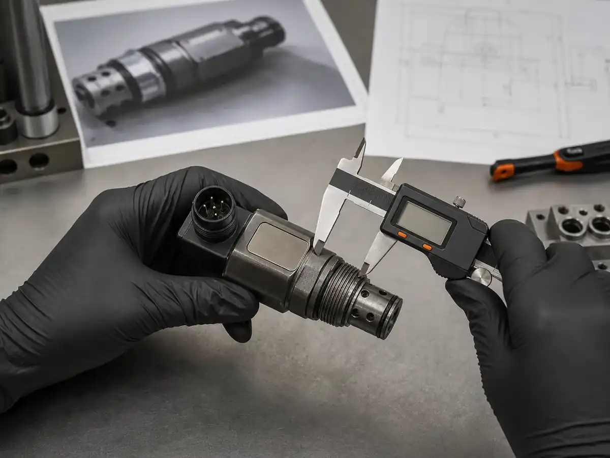Technician measuring the threaded body of a heavy-duty hydraulic solenoid valve with digital calipers for matching review