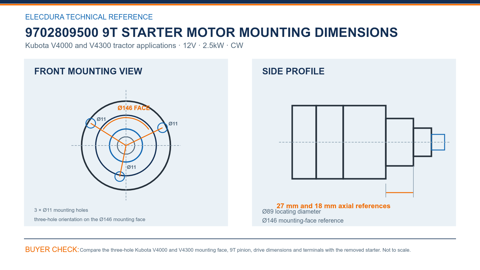 9702809500 Kubota V4000 V4300 9T starter mounting dimensions