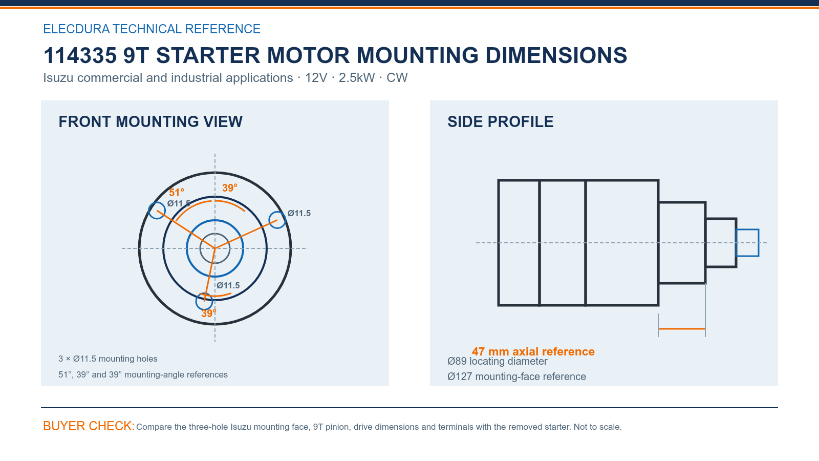 114335 Isuzu 12V 2.5kW 9T starter mounting dimensions