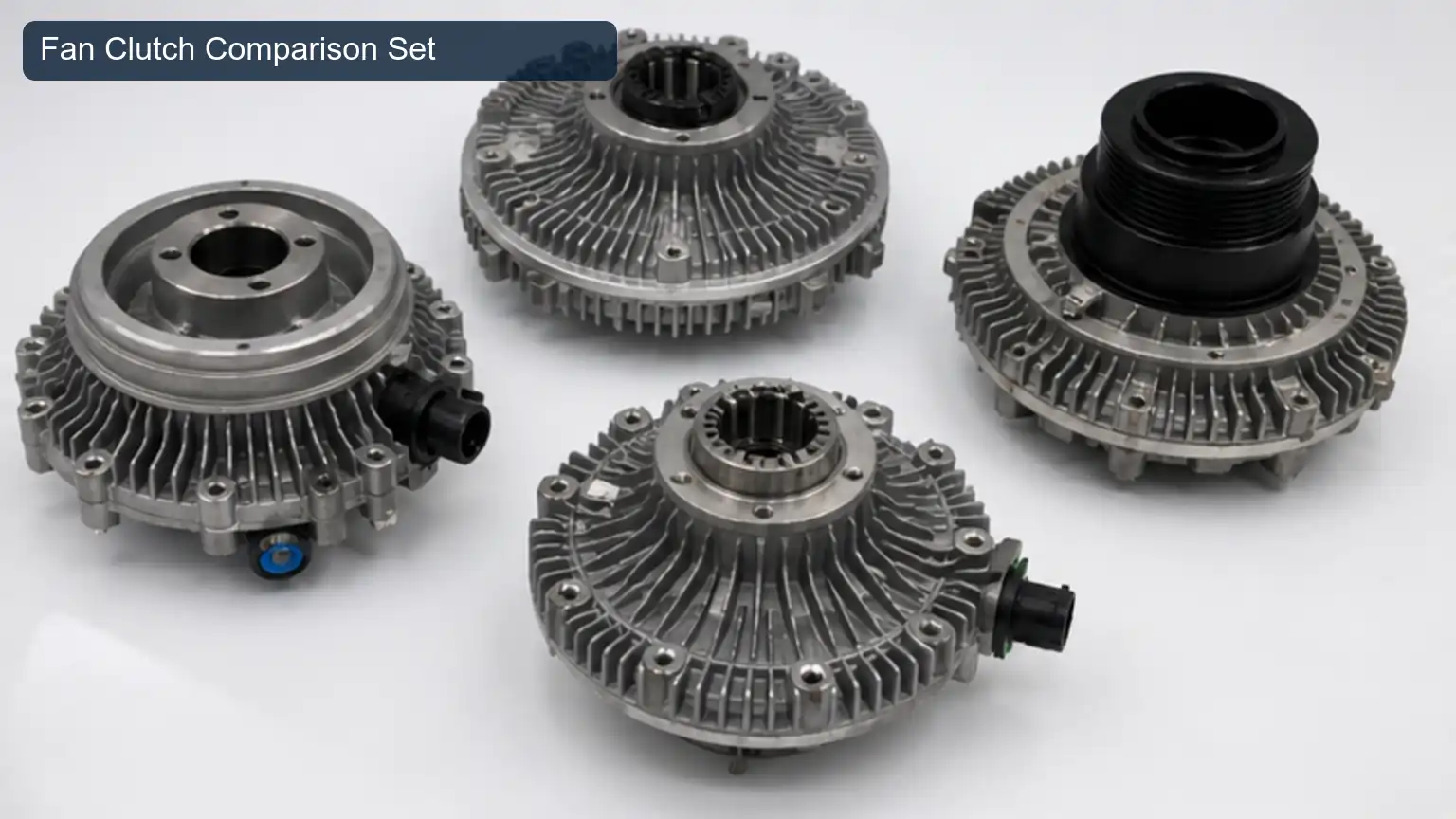 Fan Clutch Comparison Set for Top 20 Heavy-Duty Fan Clutch Manufacturers in Canada, shown as a photorealistic heavy-duty technical inspection view
