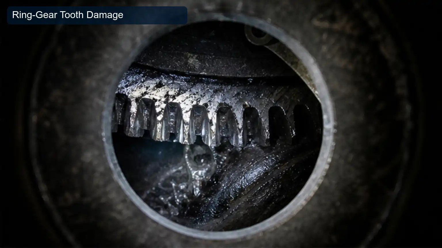 Ring-Gear Tooth Damage for Heavy-Duty Starter Pinion and Ring-Gear Engagement Inspection, shown as a photorealistic heavy-duty technical inspection view