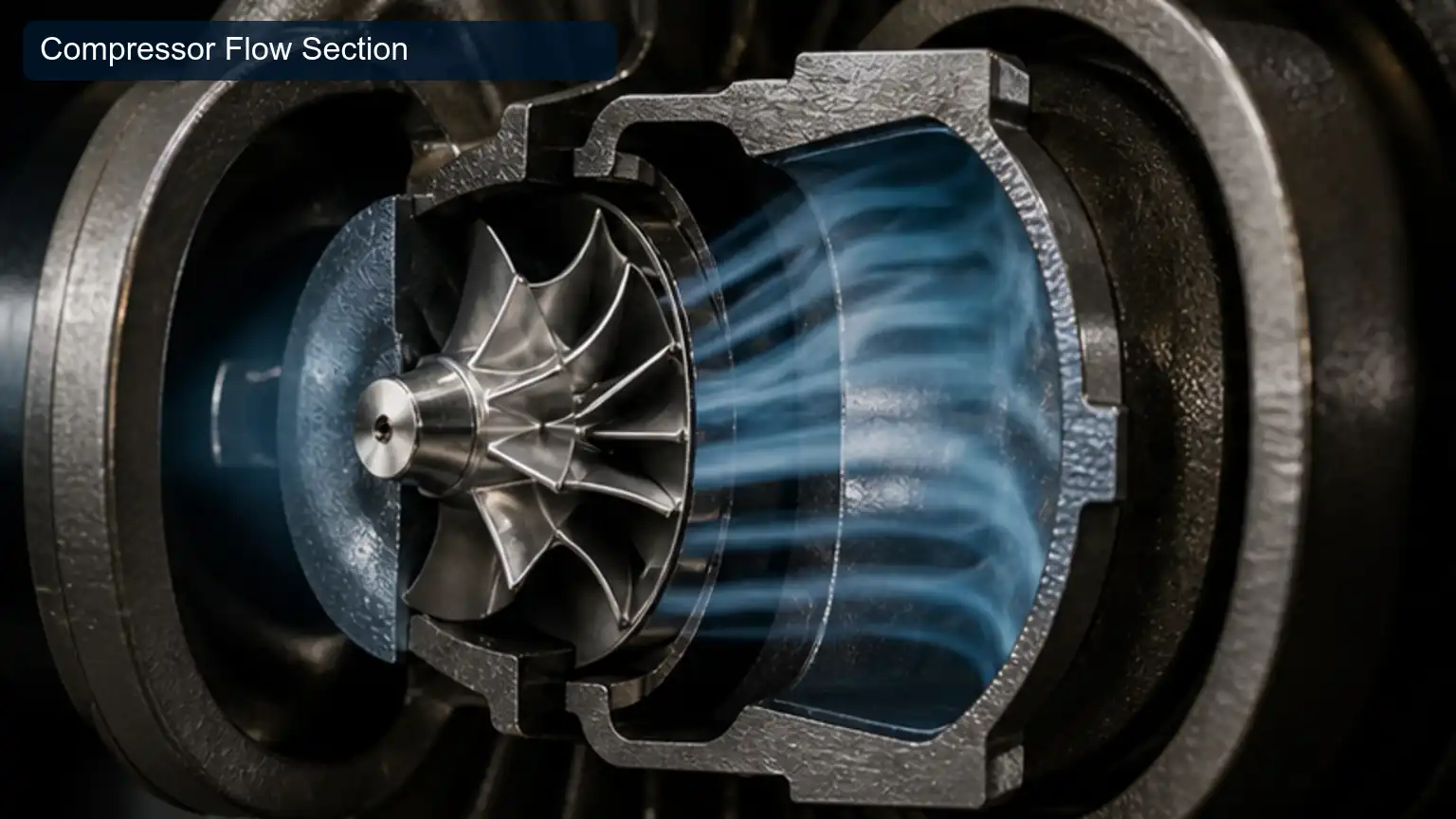 Compressor Flow Section for Heavy-Duty Turbocharger Compressor Surge: Map, Airflow, and System Diagnosis, shown as a photorealistic heavy-duty technical inspection view