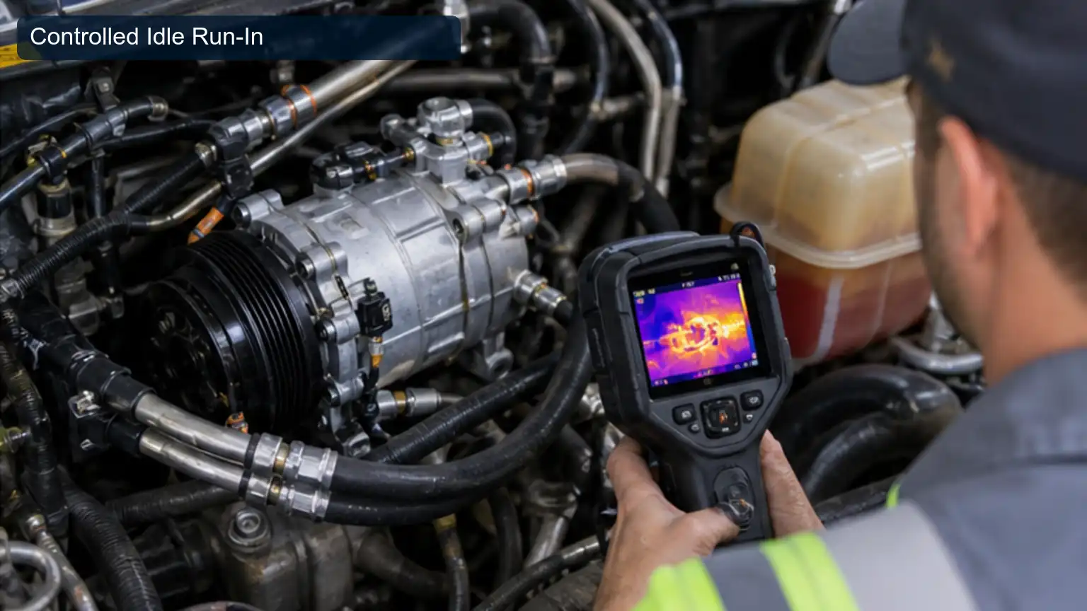 Controlled Idle Run-In for Heavy-Duty A/C Compressor Oil Balancing After Component Replacement, shown as a photorealistic heavy-duty technical inspection view