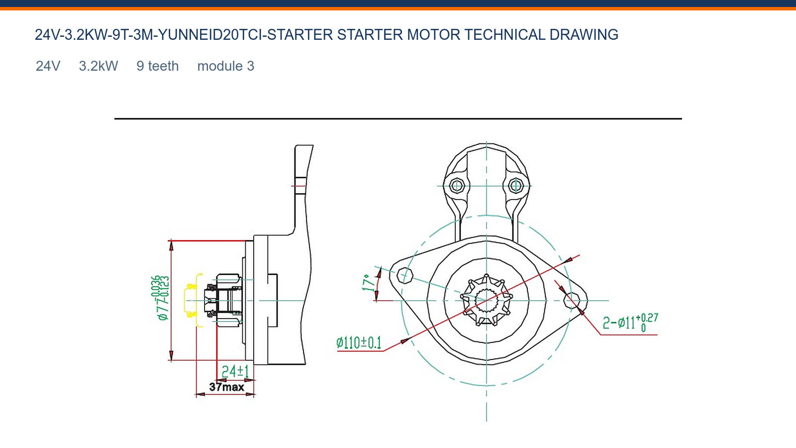 YUNNEI D20TCI 24V 3,2kW 9T Dessin technique du d&eacute;marreur Yunnei 24V 3,2kW 9T