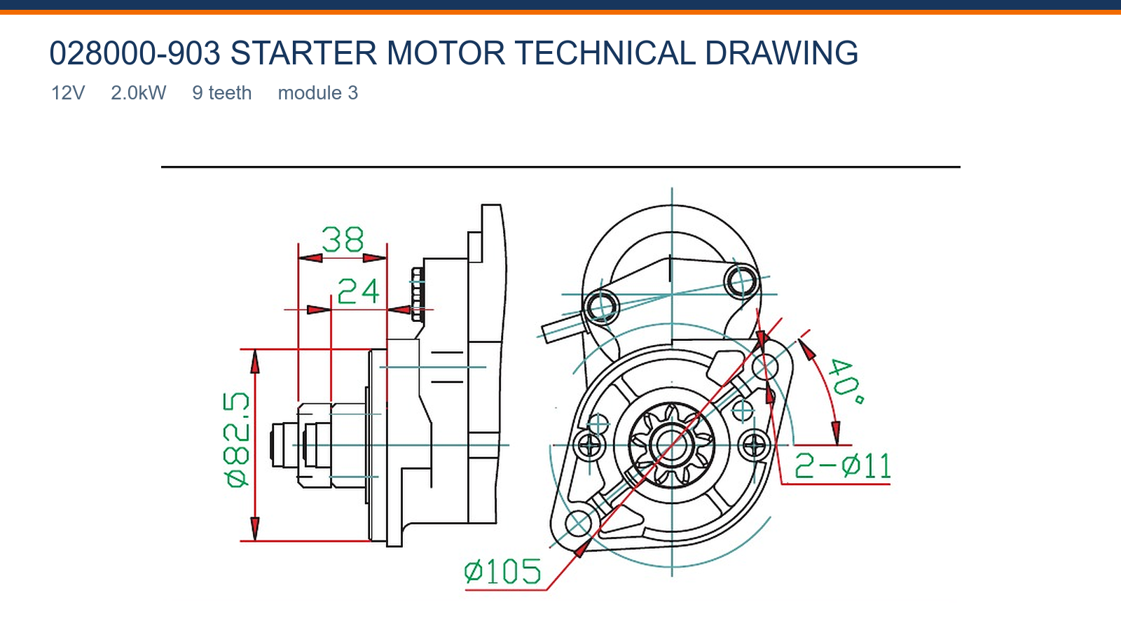 028000-903 Kubota starter motor technical drawing 12V 2.0kW 9T