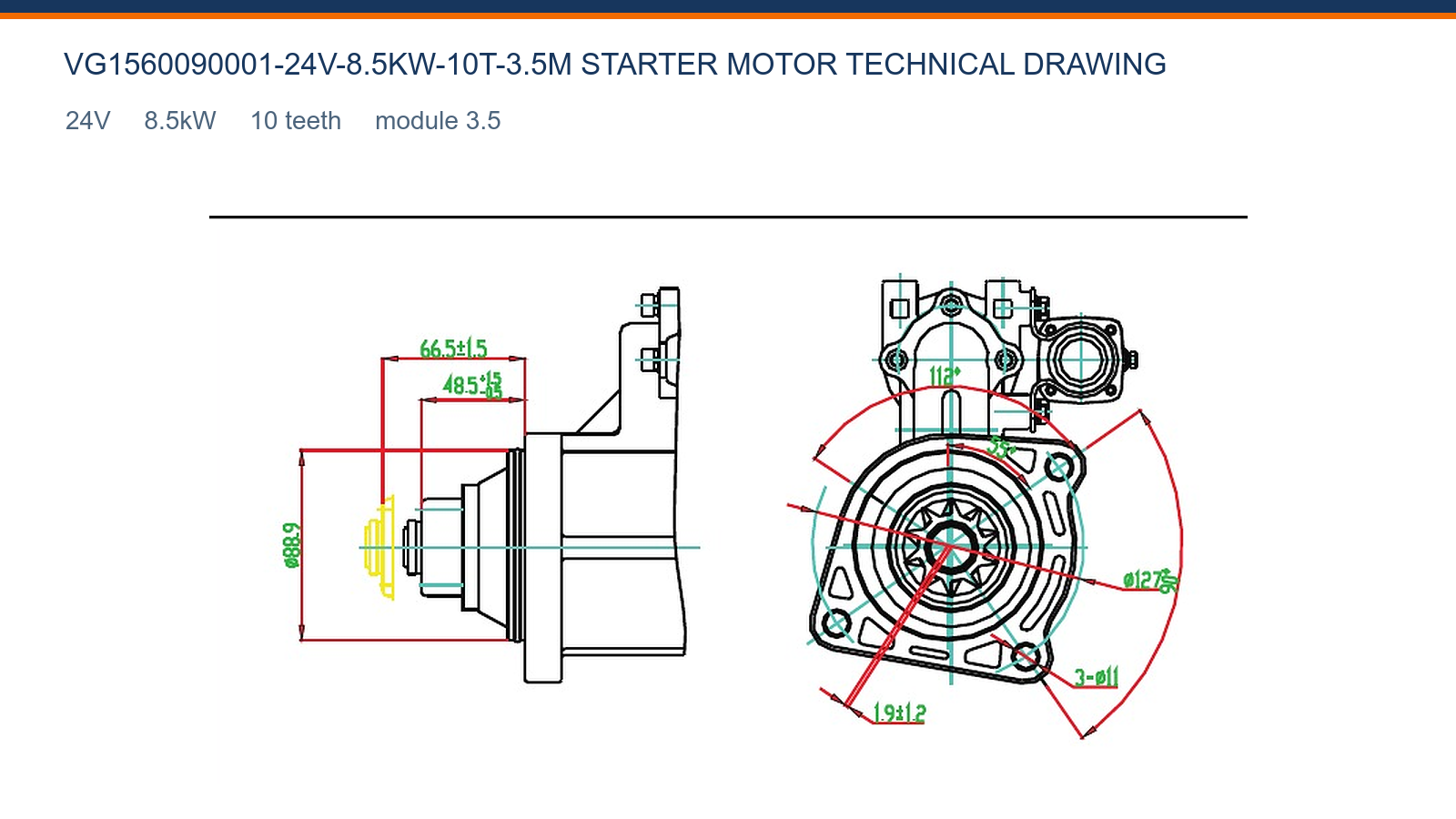 VG1560090001-24V-8.5KW-10T-3.5M Weichai starter motor technical drawing 24V 8.5kW 10T