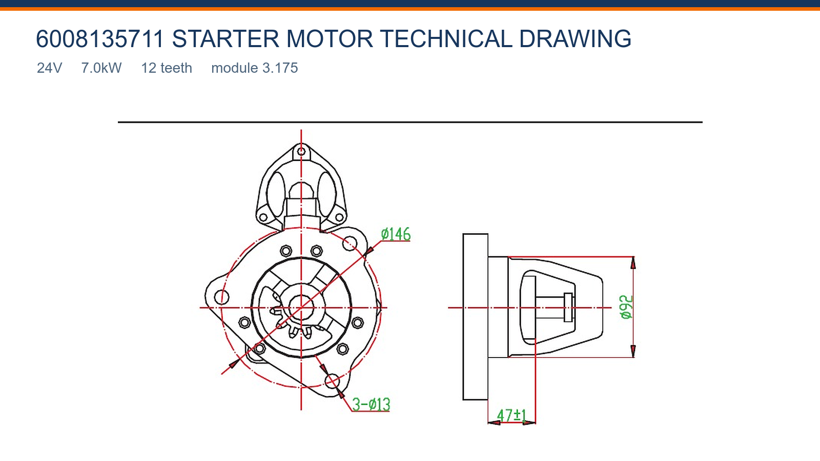 6008135711 Gambar teknik motor starter Komatsu 24V 7.0kW 12T