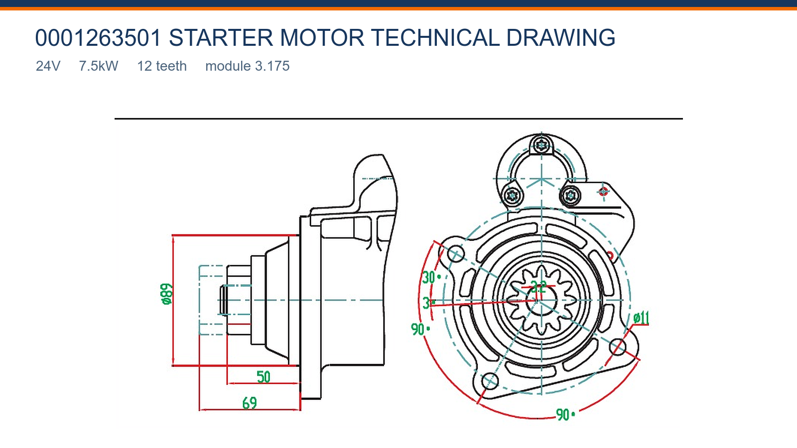 0001263501 Shangqi starter motor technical drawing 24V 7.5kW 12T