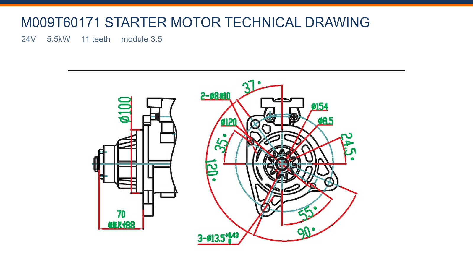 M009T60171 Mitsubishi starter motor technical drawing 24V 5.5kW 11T