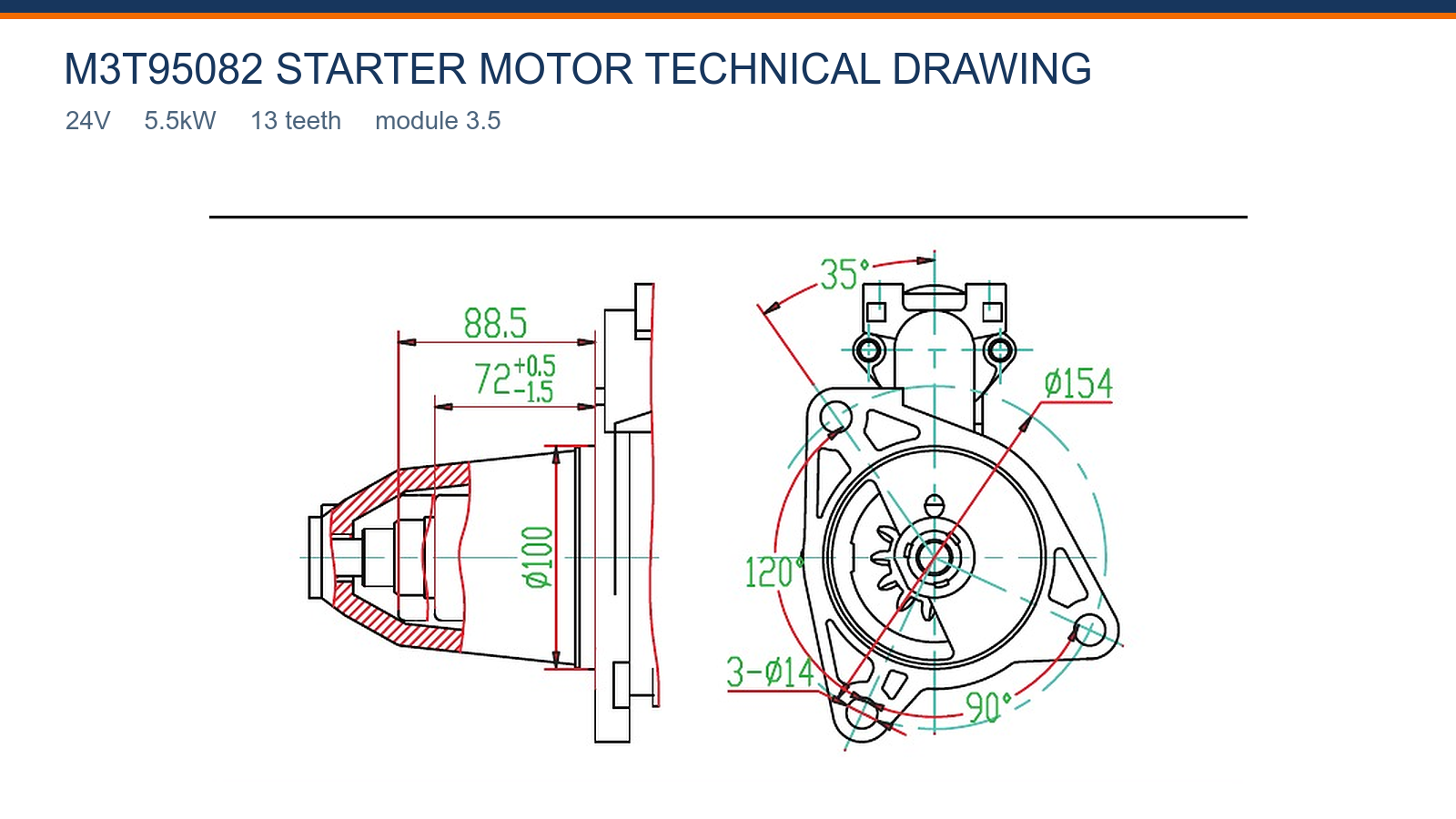 M3T95082 Mitsubishi starter motor technical drawing 24V 5.5kW 13T