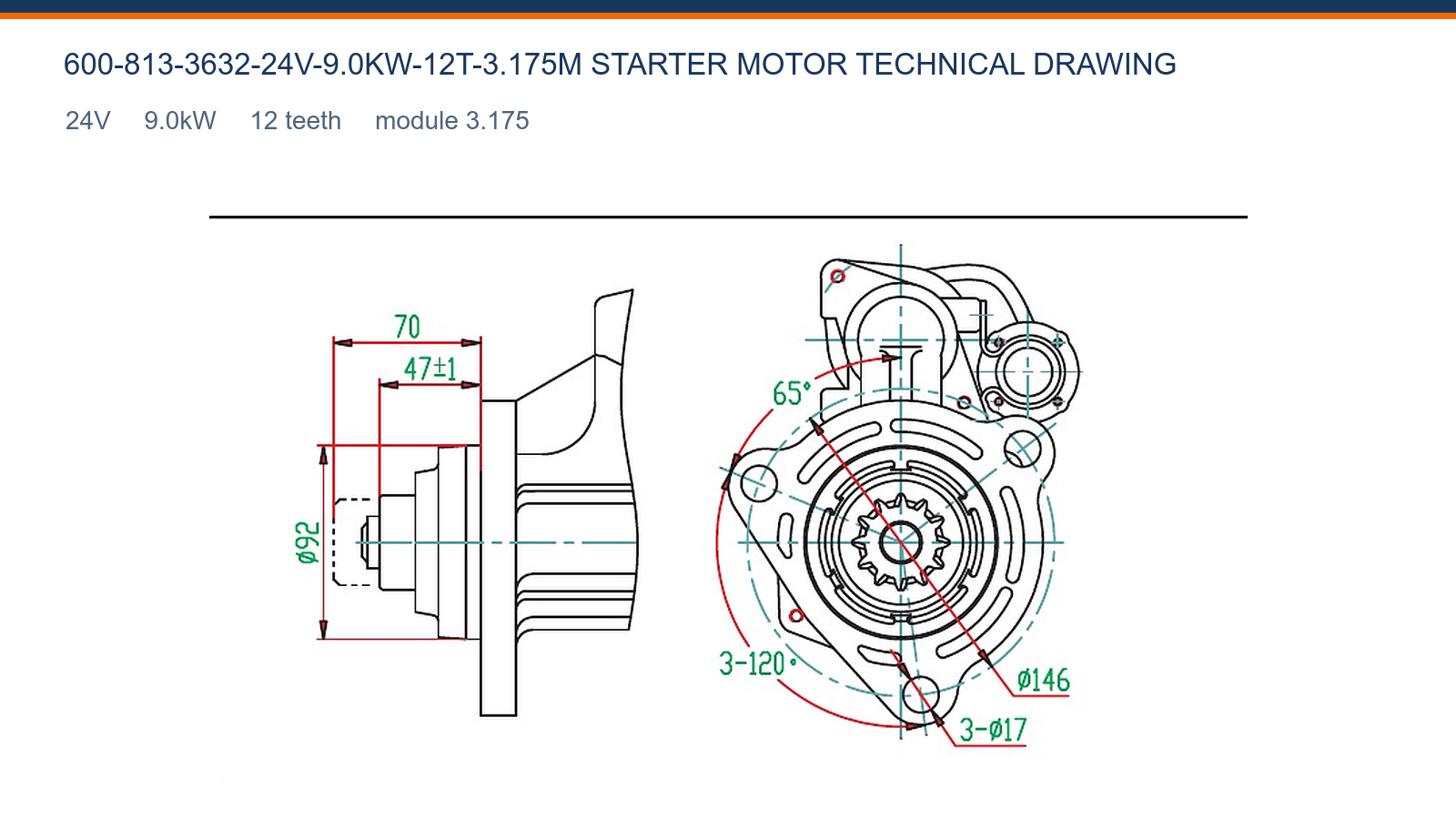 600-813-3632-24V-9.0KW-12T-3.175M Komatsu starter motor technical drawing 24V 9.0kW 12T