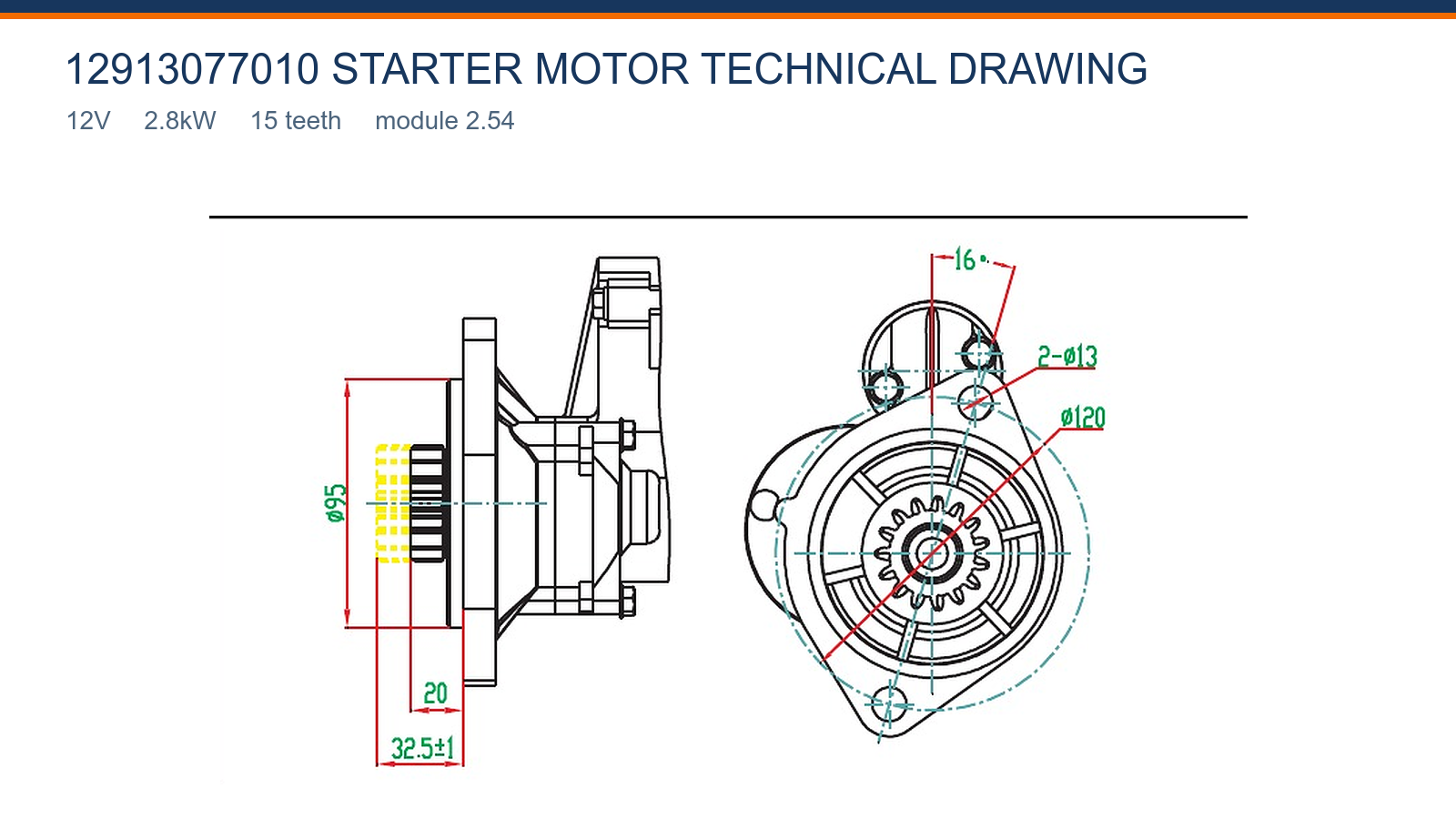 12913077010 Yanmar starter motor technical drawing 12V 2.8kW 15T