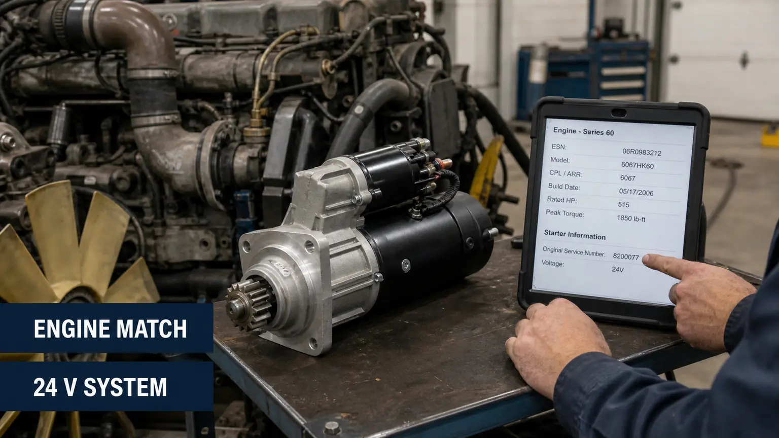 Detroit Series 60-type engine and 24-volt heavy-duty starter application match on a workshop bench