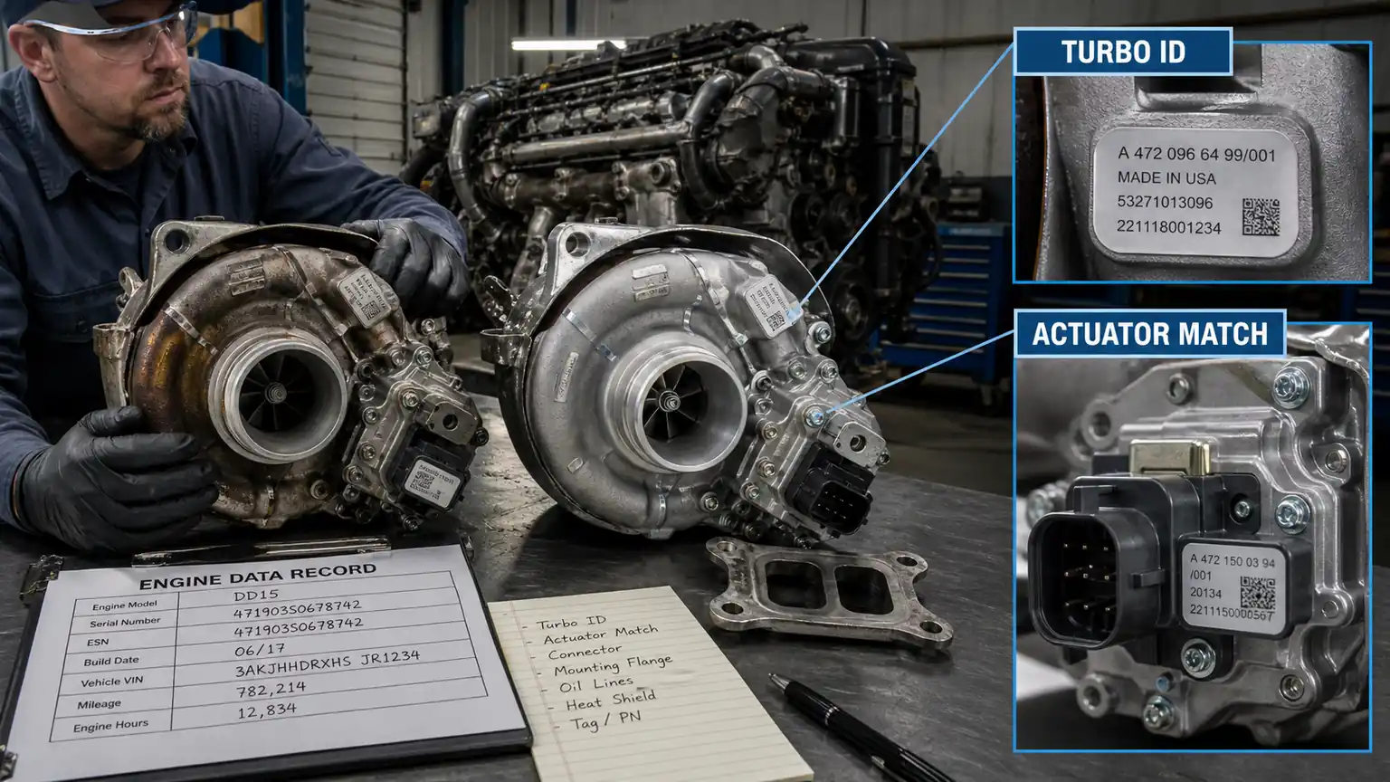 Detroit DD15-type VGT turbocharger and electronic actuator identity comparison