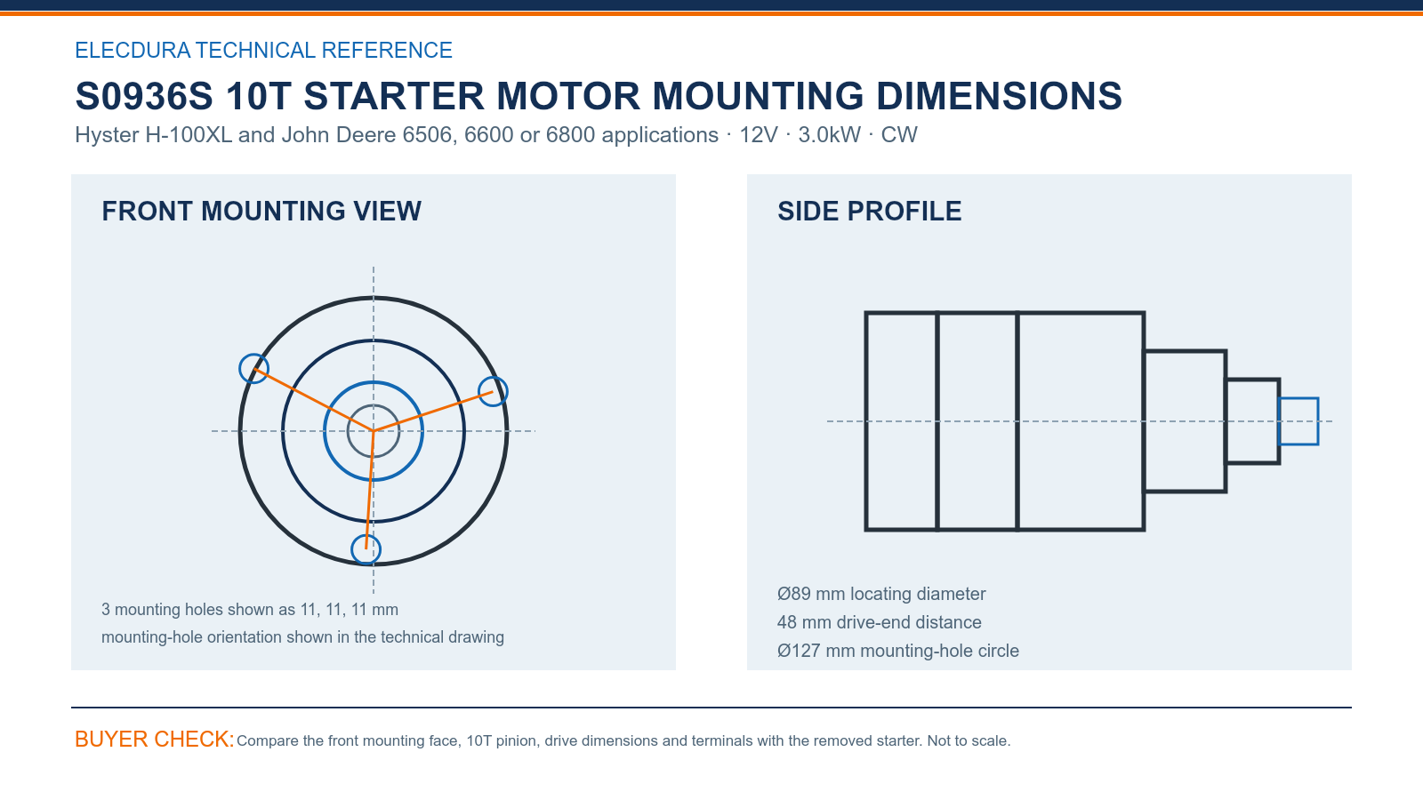 S0936S Hyster H-100XL and John Deere 6506, 6600 or 6800 12V 3.0kW 10T starter mounting dimensions