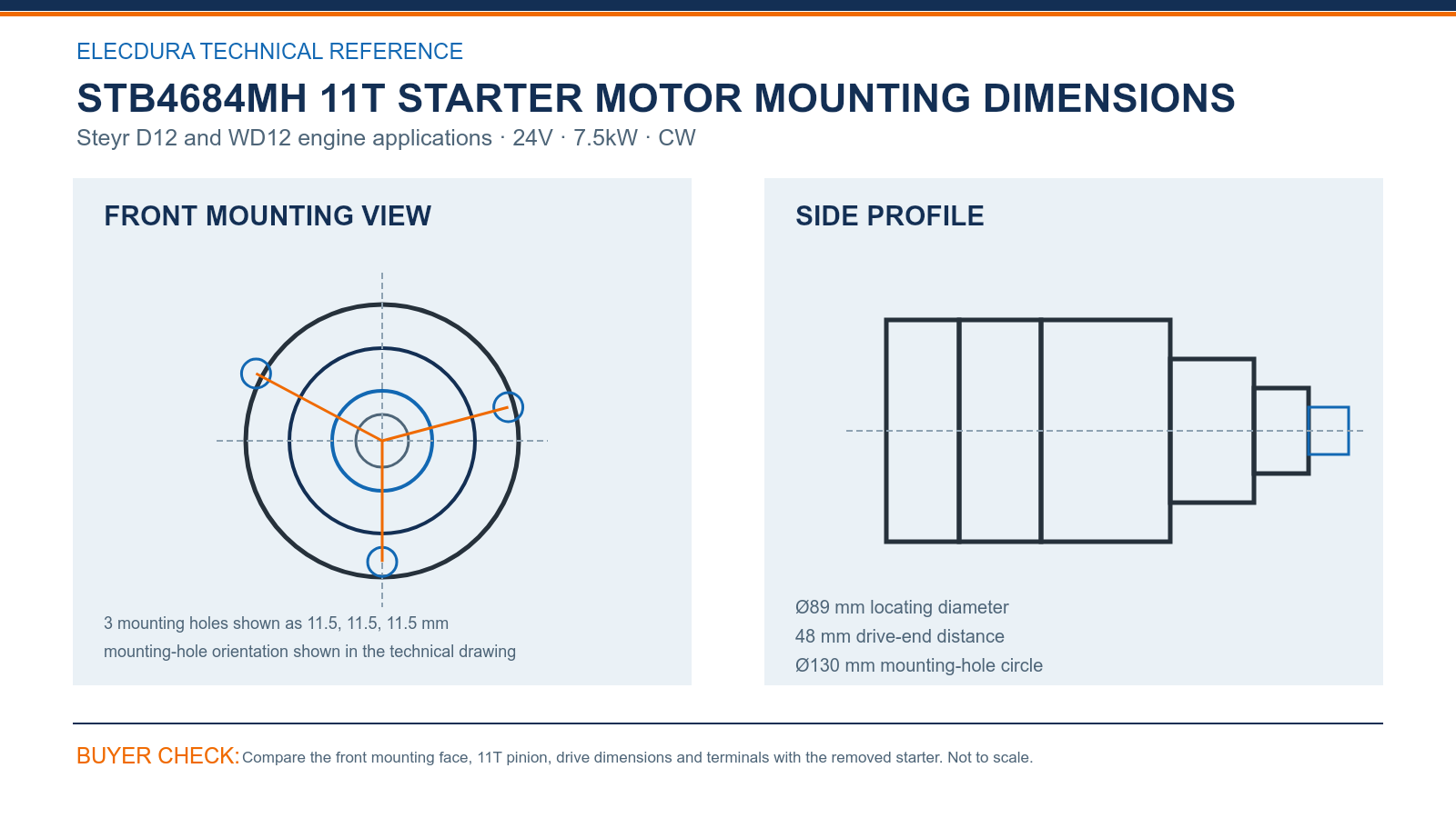 STB4684MH Steyr D12 and WD12 engine 24V 7.5kW 11T starter mounting dimensions
