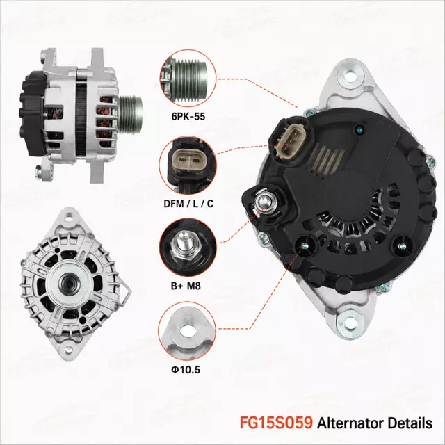 FG15S059 alternator details with 6PK-55 pulley and DFM L C connector