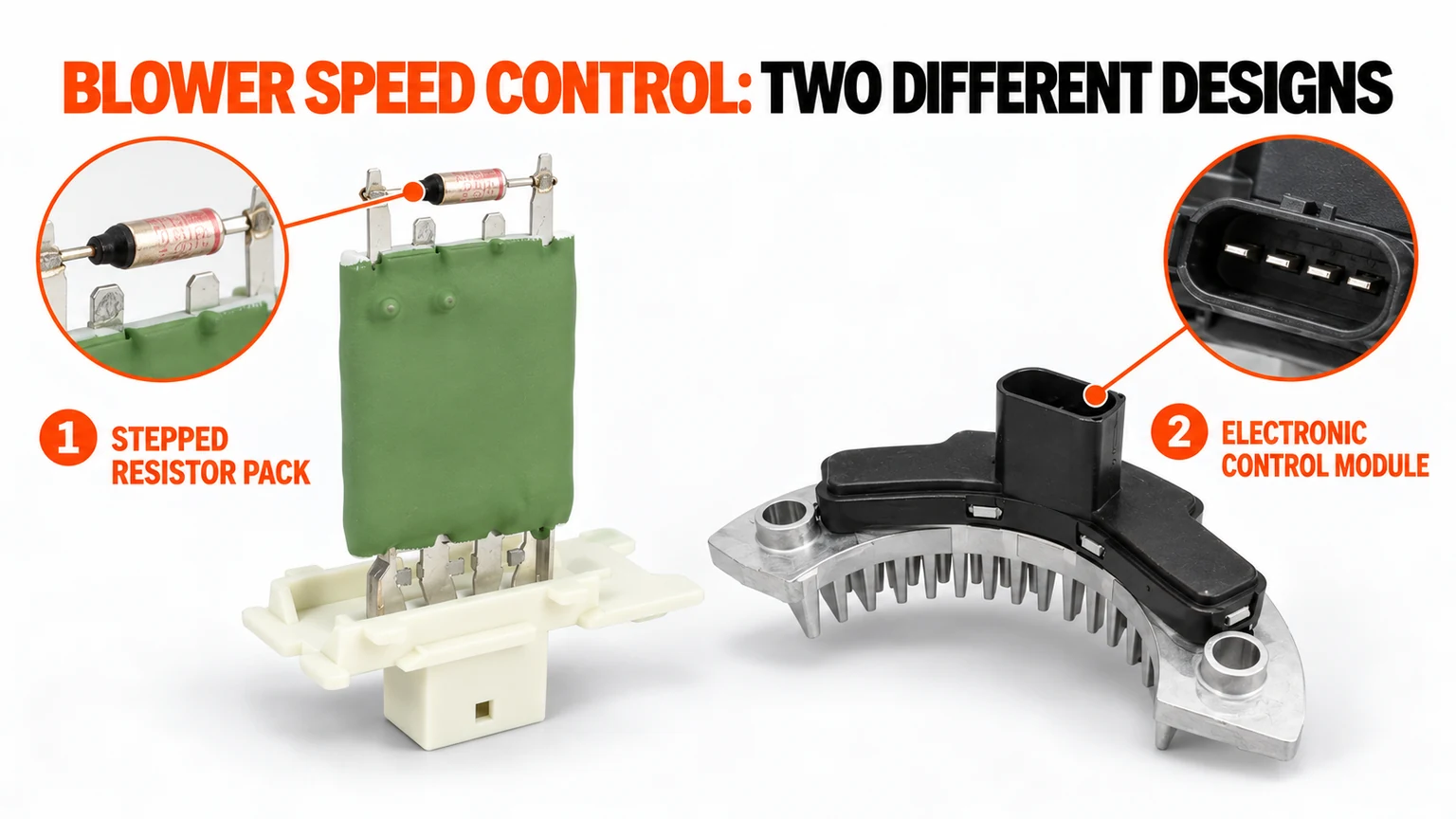 Reference-based comparison of a stepped blower resistor pack and an electronic blower control module, with thermal-fuse and connector detail views.