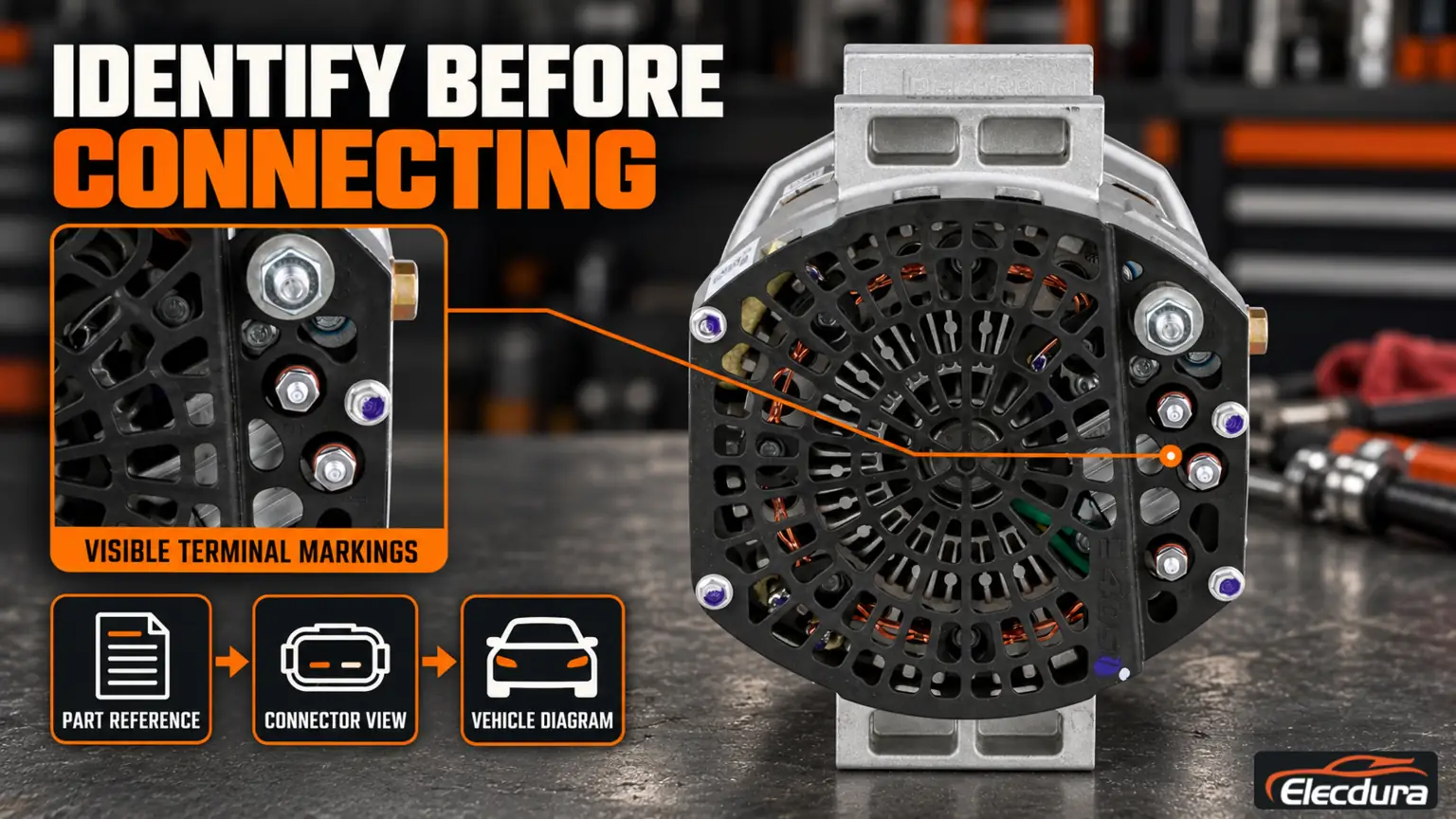 Alternator rear view and terminal-area detail with part-reference, connector-view and vehicle-diagram checks.