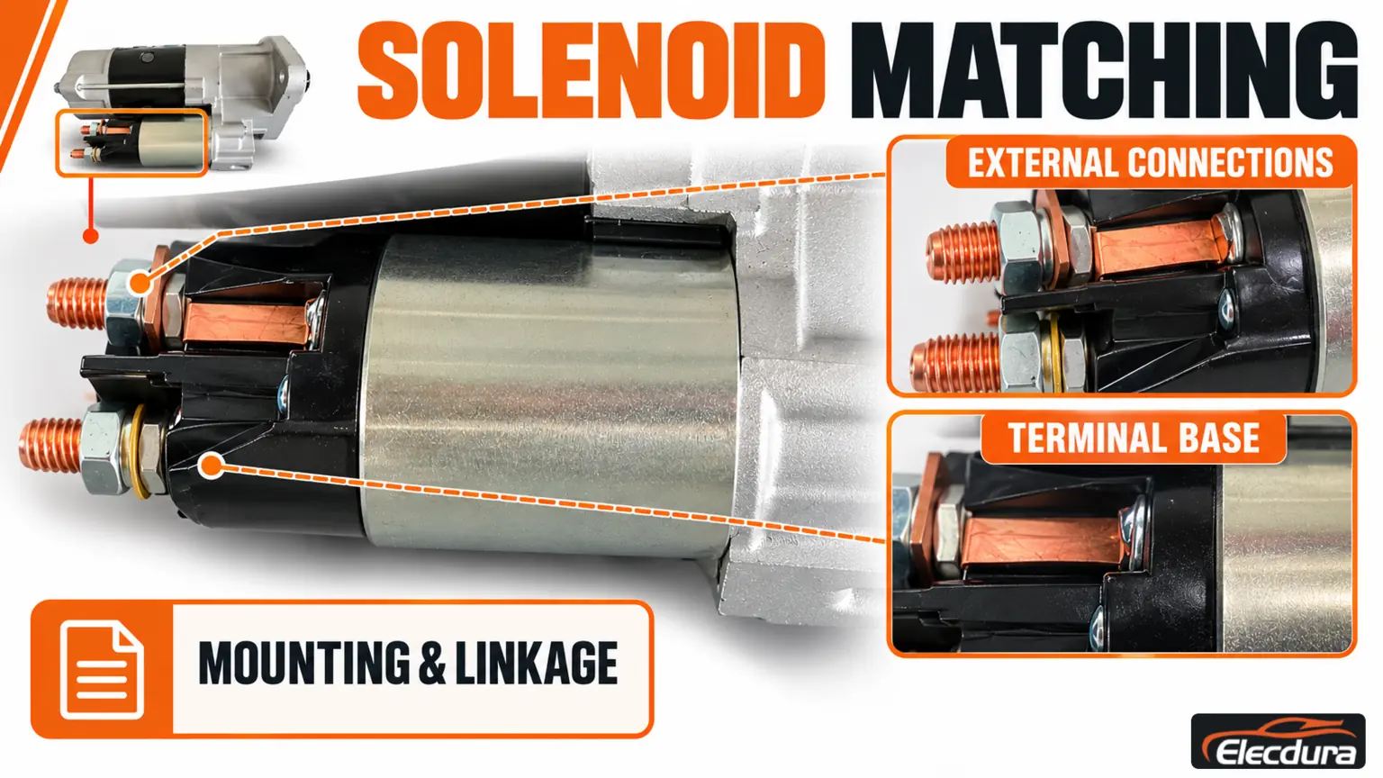 Sol&eacute;no&iuml;de de d&eacute;marreur attach&eacute; avec d&eacute;tails de connexion externe et de base de borne et sujet de montage et de liaison.