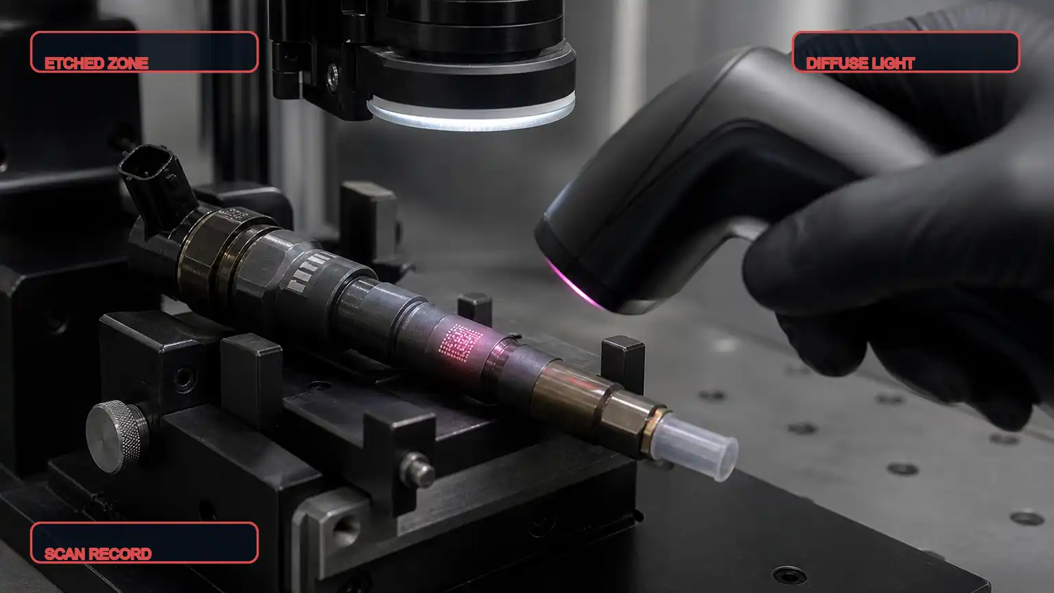 Macro inspection of a heavy-duty fuel injector trim-code area using diffuse light and a handheld scanner.