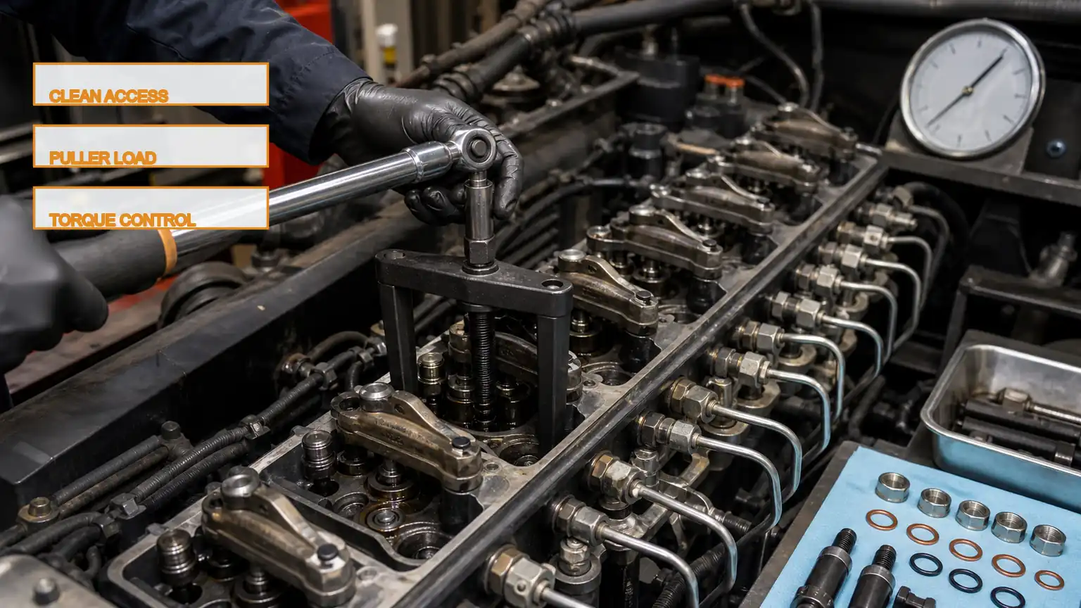 Technician accessing a heavy-duty diesel injector with a puller and torque tool while adjacent fuel connections remain protected.