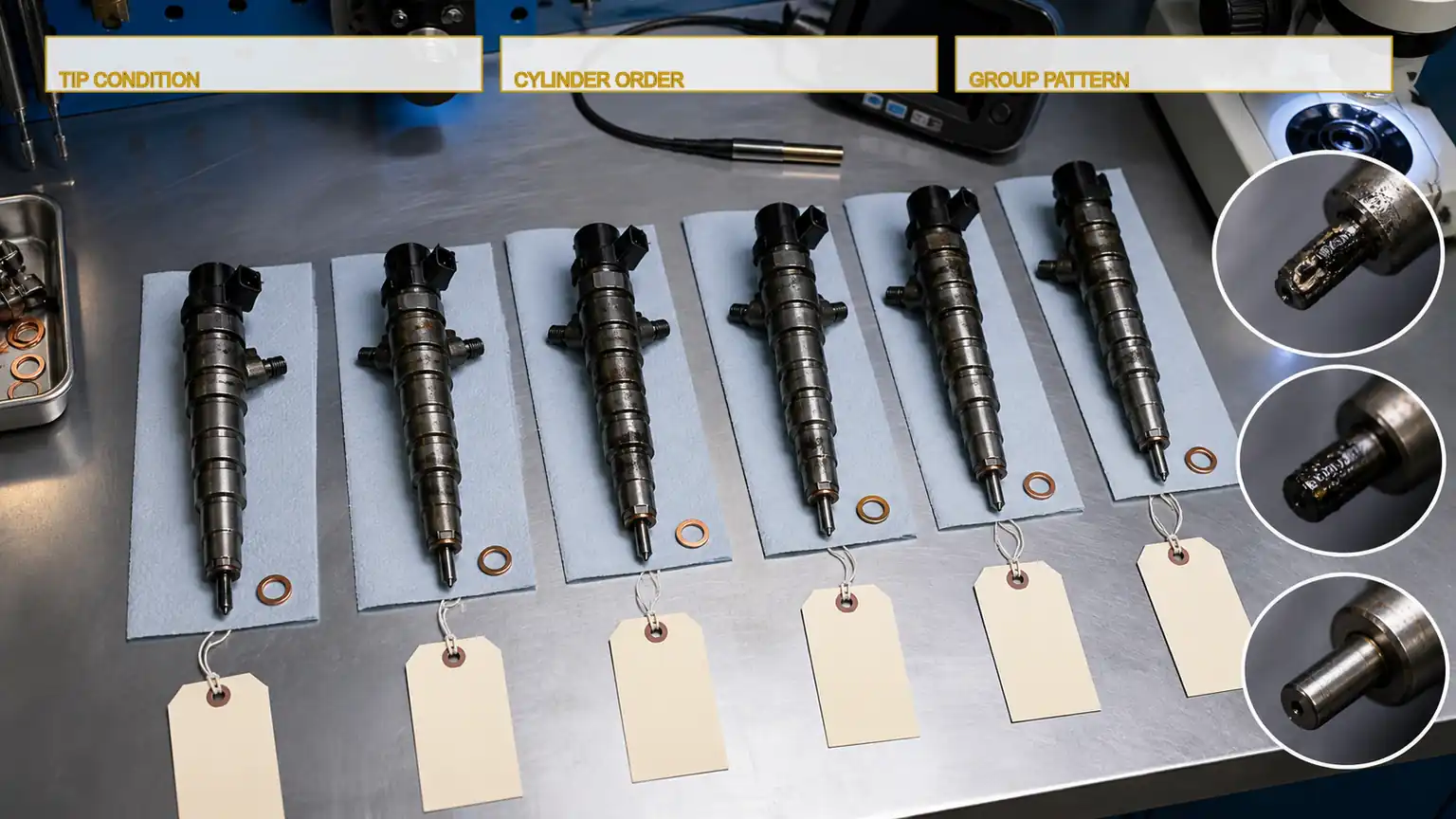 Six removed heavy-duty diesel injectors arranged in cylinder order for population-wear and nozzle-tip inspection.