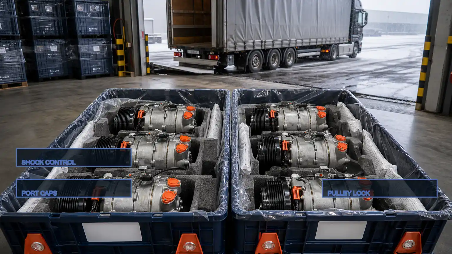 Heavy-duty A/C compressors protected in reusable fitted packaging at a dry Polish regional logistics hub.