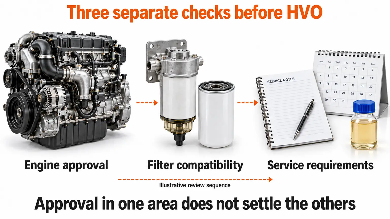 Illustrative HVO review sequence separating engine approval, fuel-filter compatibility and service requirements