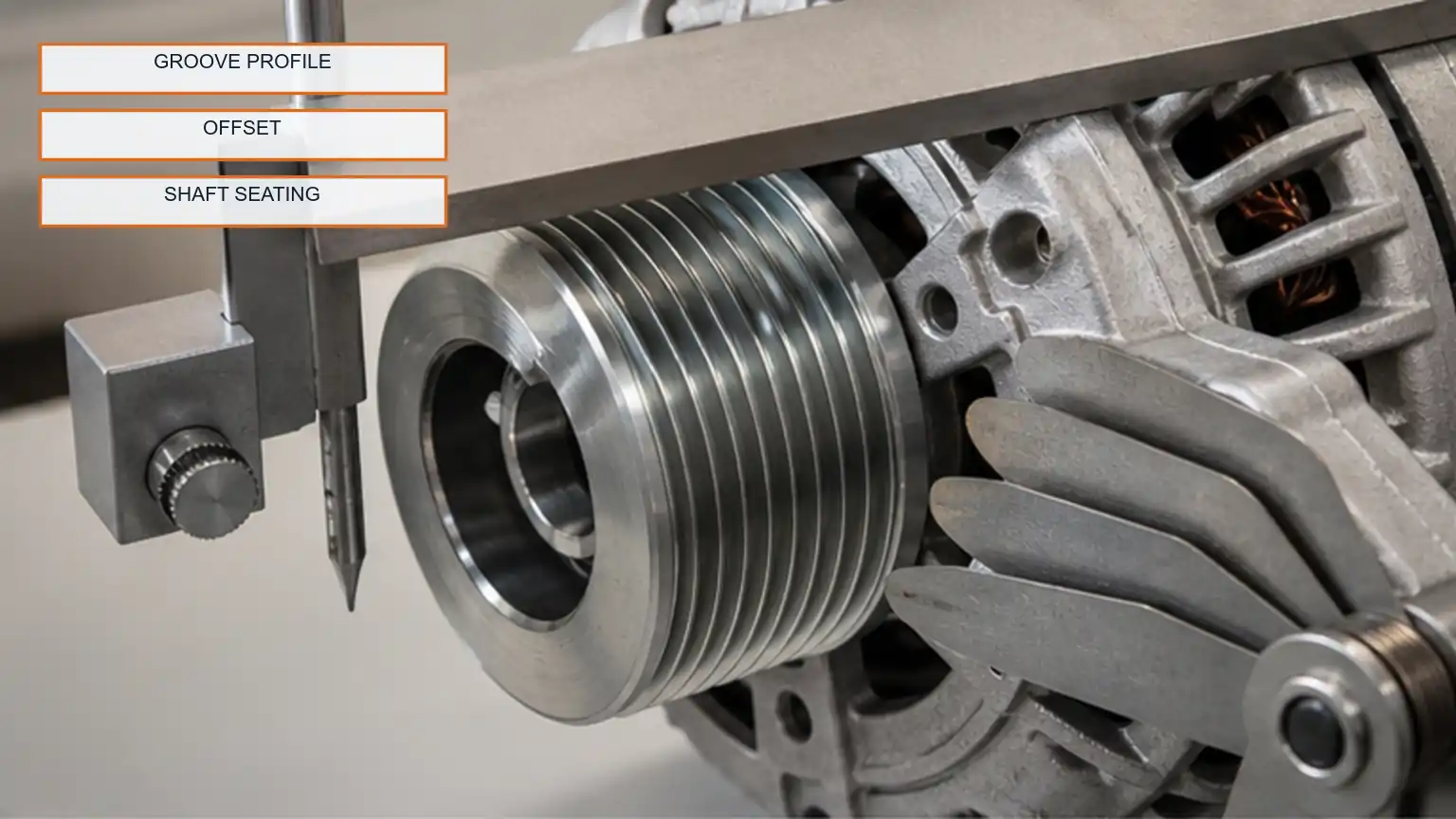 Alternator pulley groove profile, offset, and shaft seating inspected with straightedge and gauges.