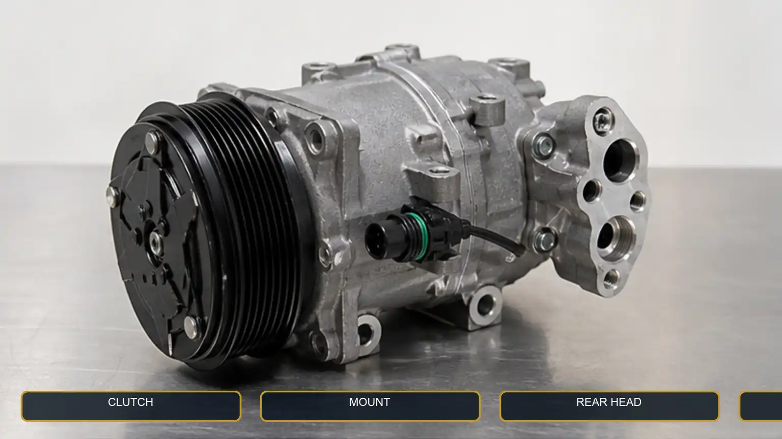 Complete heavy-duty A/C compressor with clutch, mounting ears, rear head, hose ports, and connector visible.