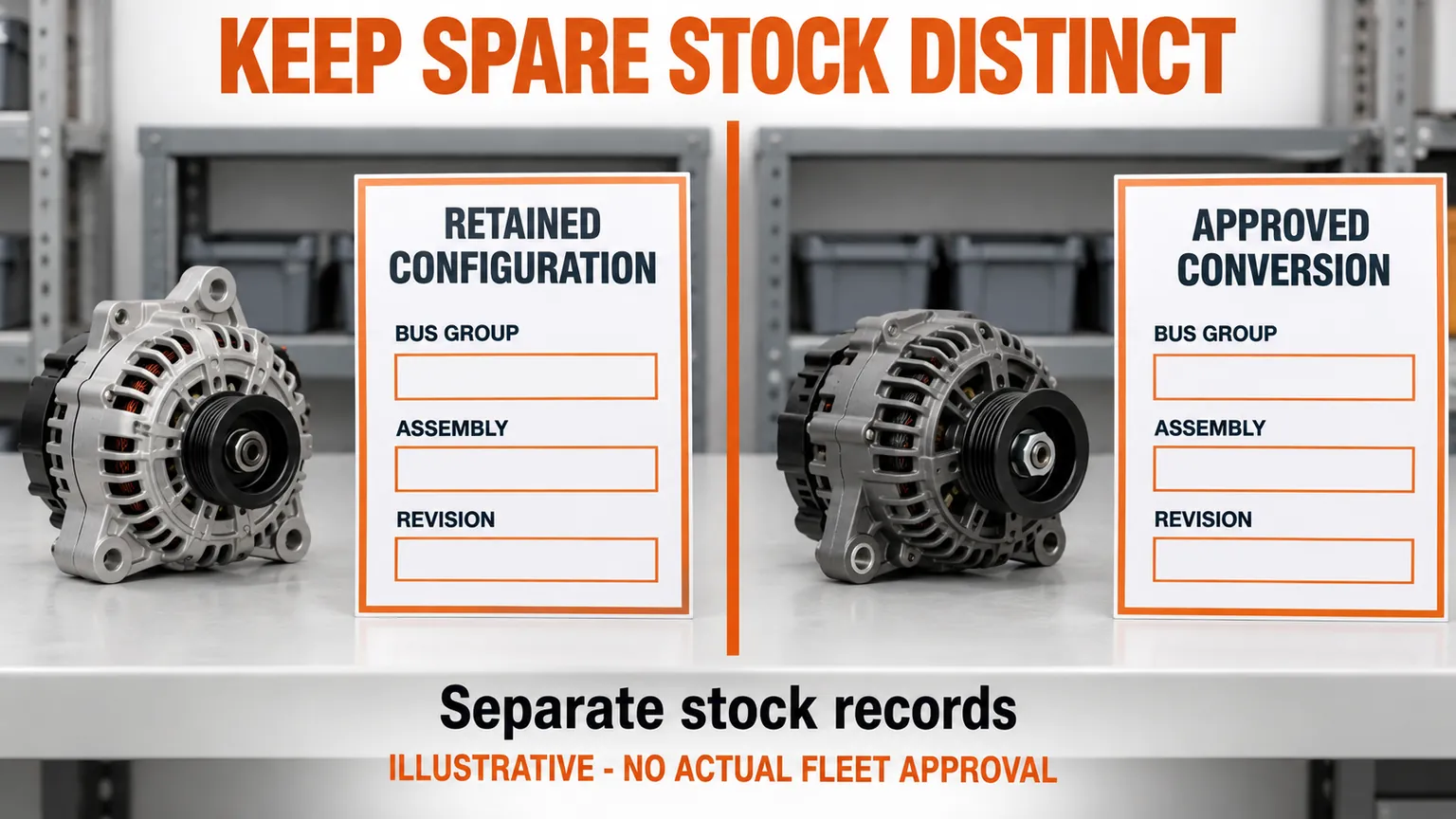 Separate retained-configuration and approved-conversion stock records prevent mixing two types of fleet spare assembly.