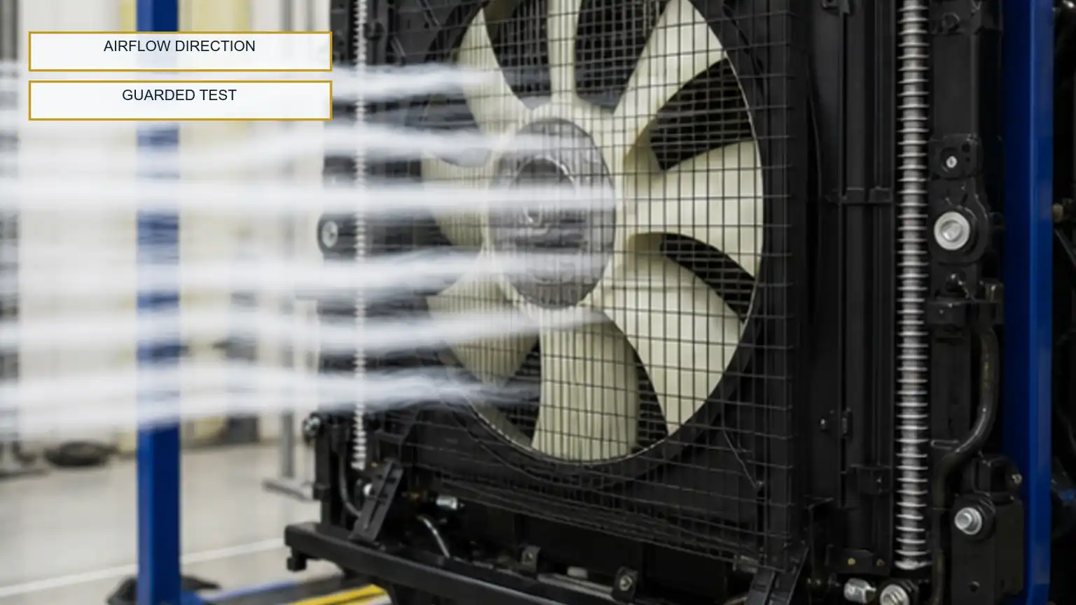 Heavy-duty radiator and fan assembly operating inside a guarded airflow test rig with visible flow streamers.