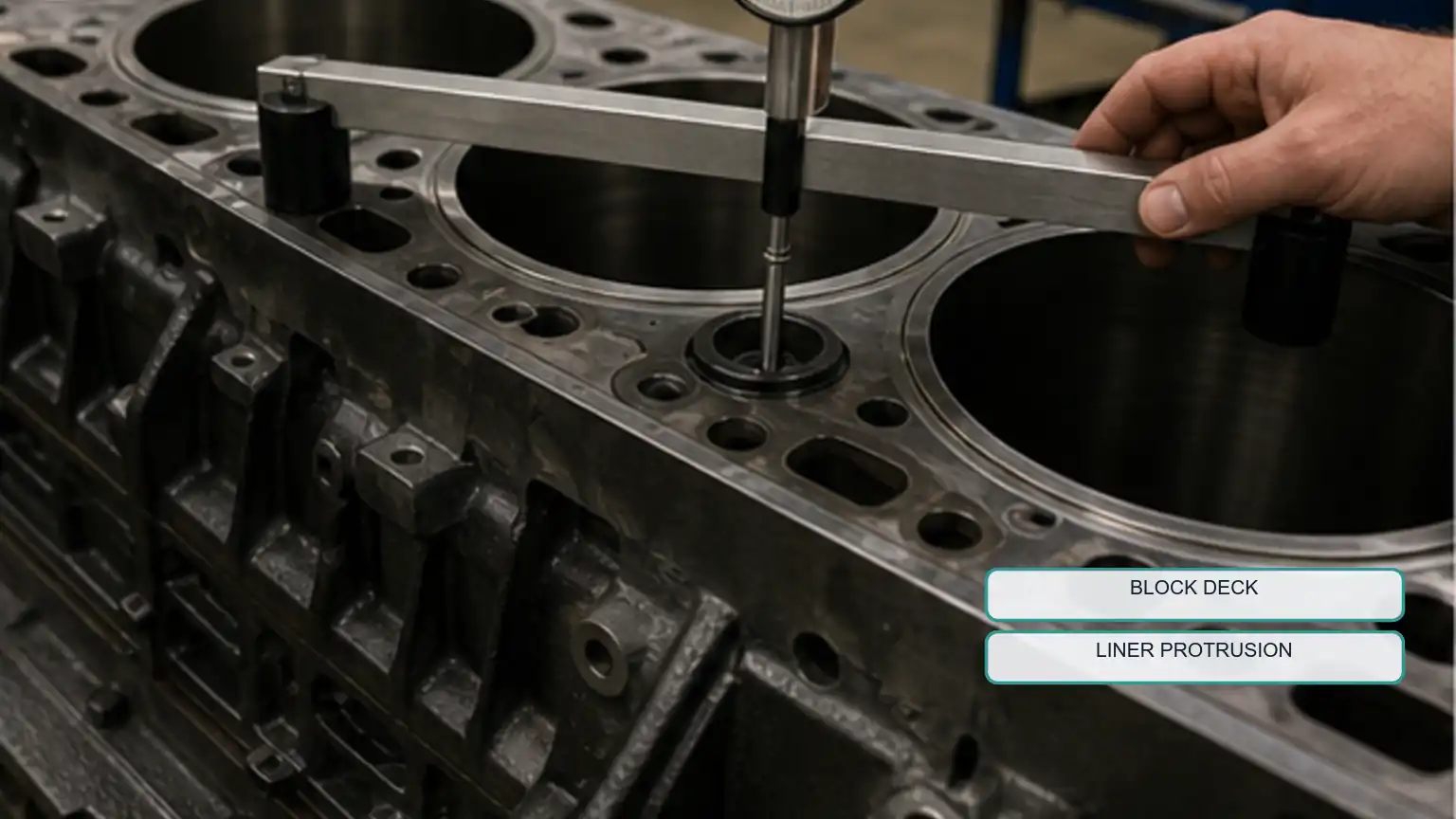 Wet-cylinder-liner protrusion measured on a diesel engine block with a bridge and dial indicator.
