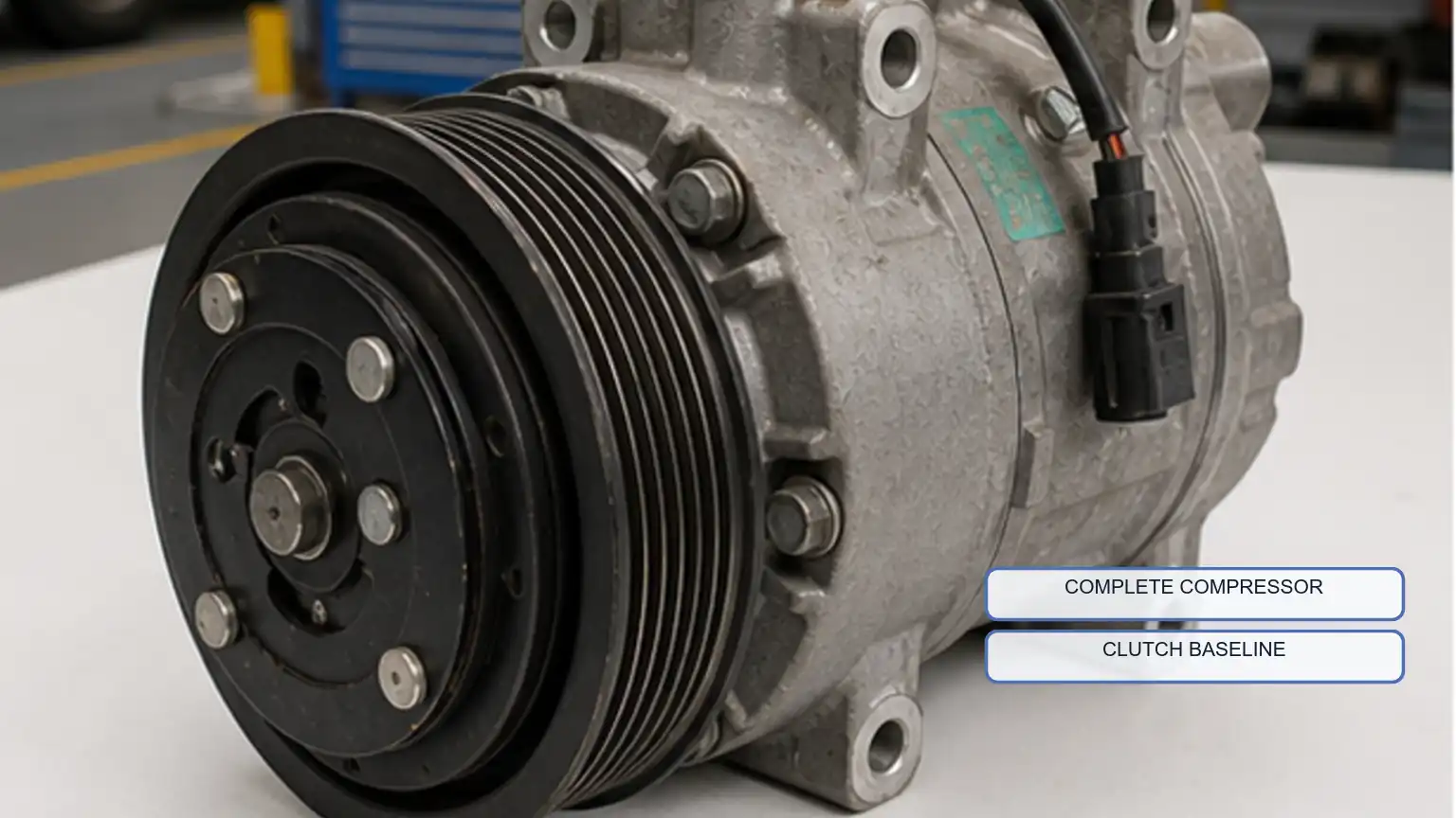 Complete belt-driven heavy-duty A/C compressor photographed with the clutch, pulley, connector, and mounting ears visible.