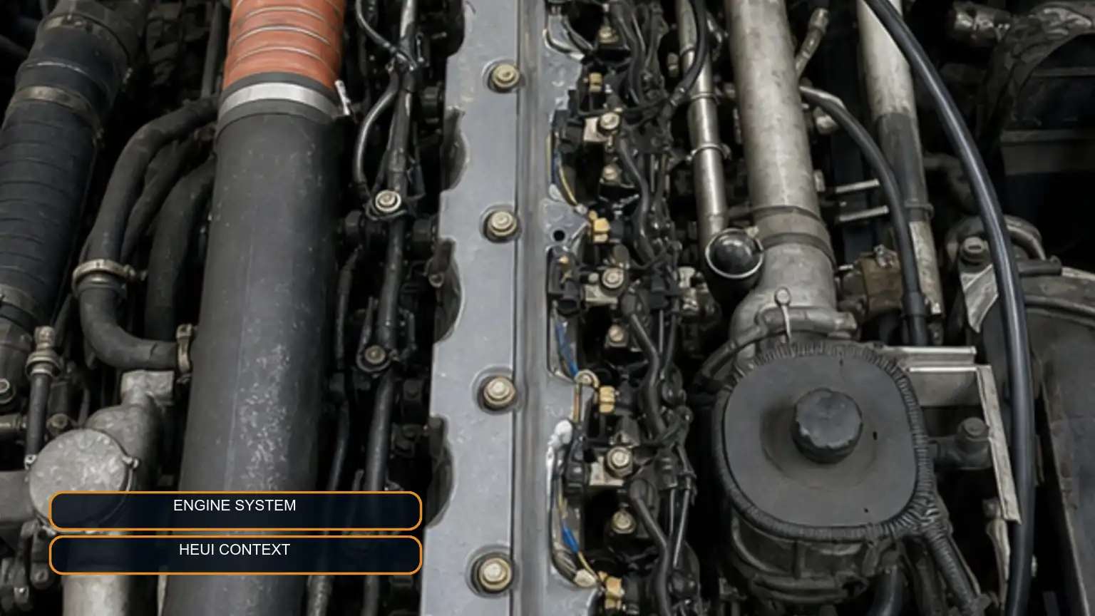 Inline-six medium-duty diesel engine viewed from above with the injector and high-pressure oil system area exposed for diagnosis.