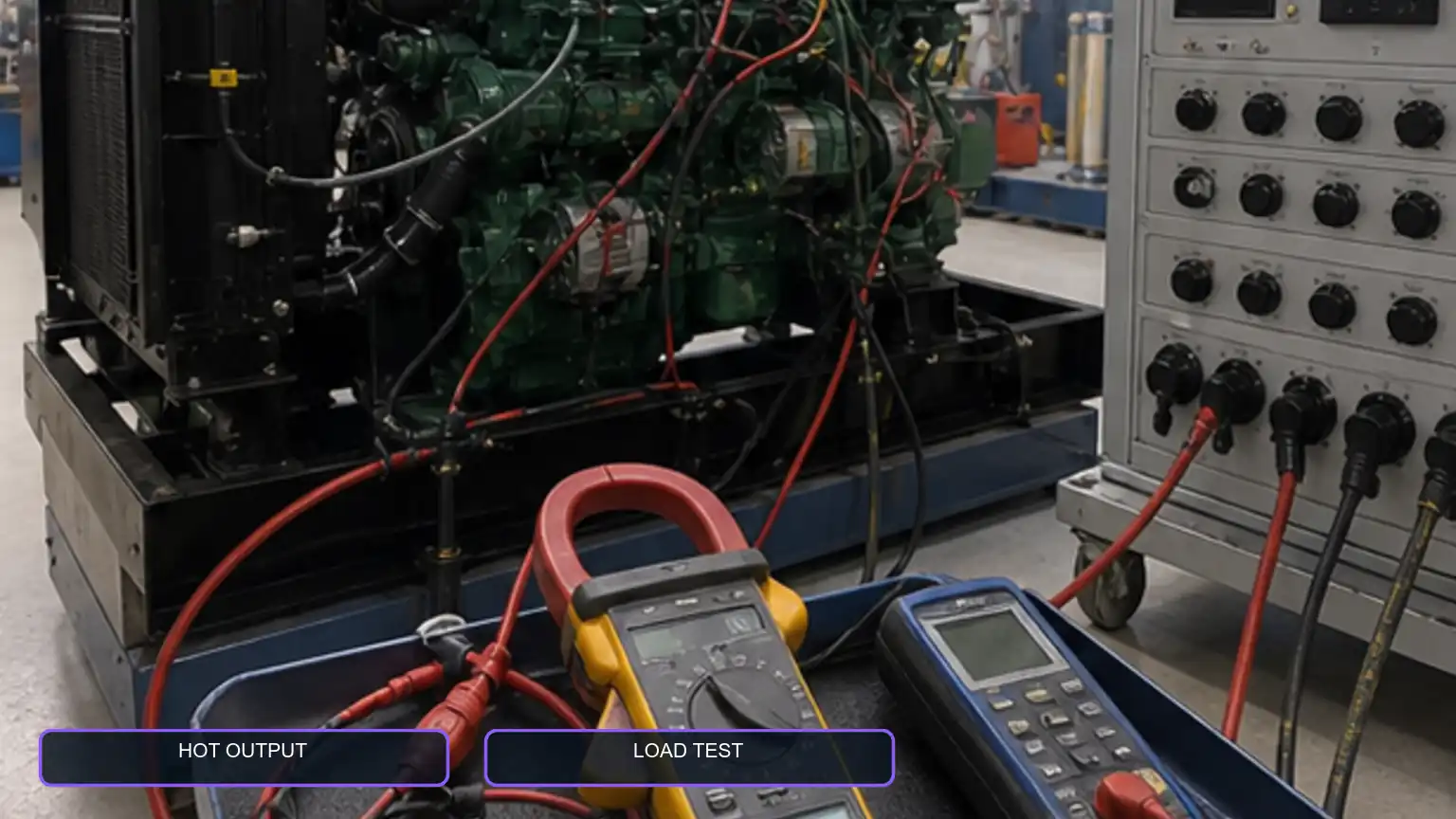 Industrial diesel engine connected to electrical test instruments and a load bank for a controlled alternator output check.