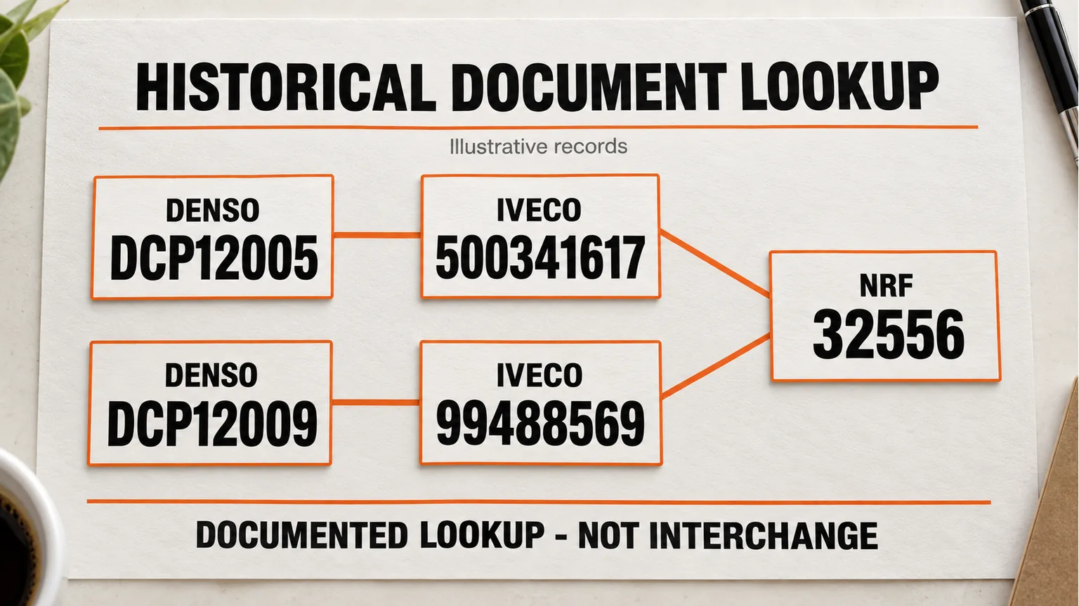 Historical reference illustration shows two Iveco numbers mapped to separate DENSO items and one NRF catalogue item.