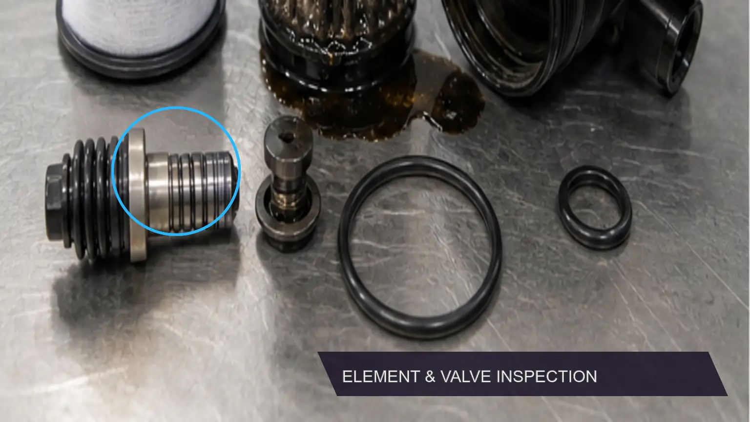 Normal and failed crankcase ventilation filter conditions compared during incoming or warranty inspection