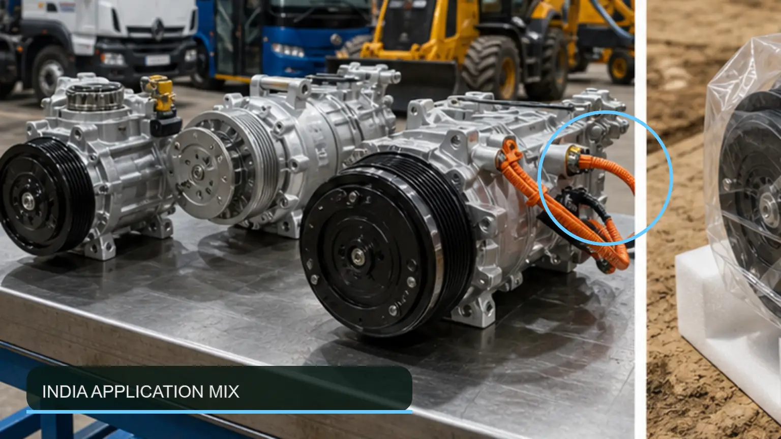 Incoming heavy-duty A/C compressor lot inspected for identity, protection, and batch traceability for India