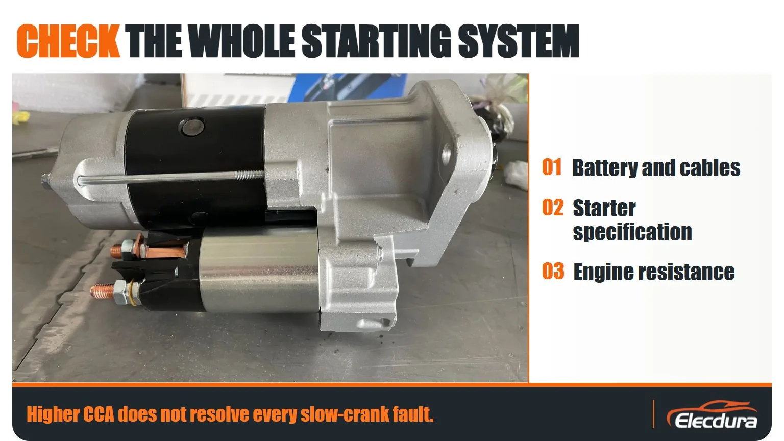 Starter motor photograph with checks for battery and cables, starter specification and engine resistance.