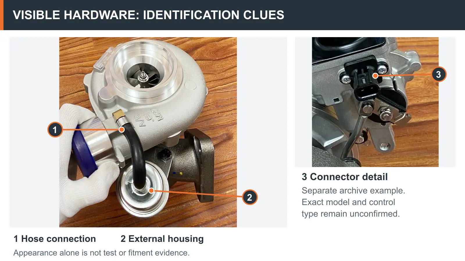 Two archive turbocharger photographs with hose connection, external control housing and a separate connector detail identified; models and control types unconfirmed.