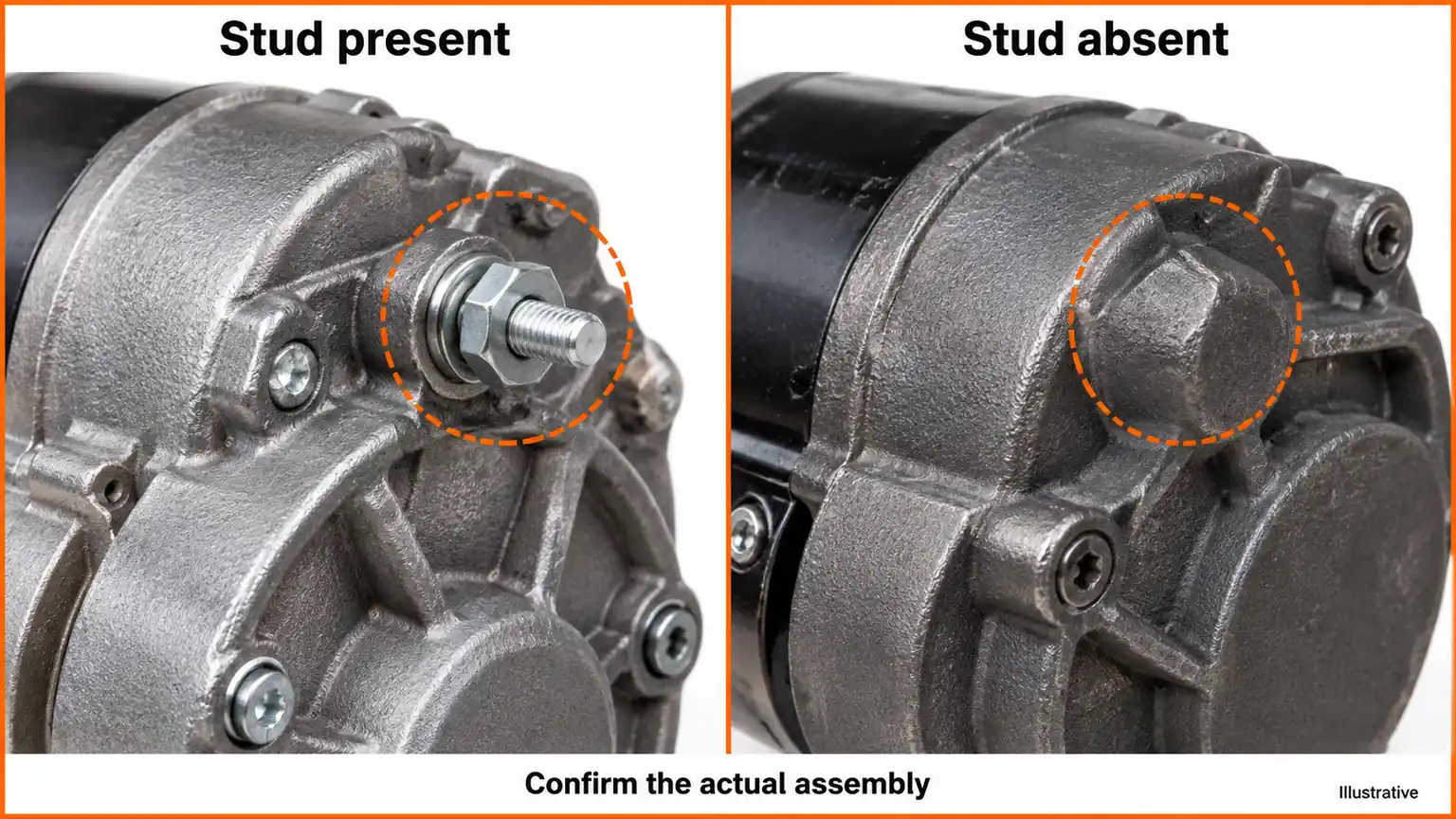 Illustrative close-up comparison distinguishes a housing-mounted stud from a housing without that stud, without identifying either as an actual catalog model.