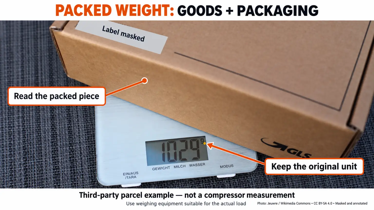 A third-party closed parcel on a digital kitchen scale, illustrating the packed-piece measurement boundary rather than compressor weight.